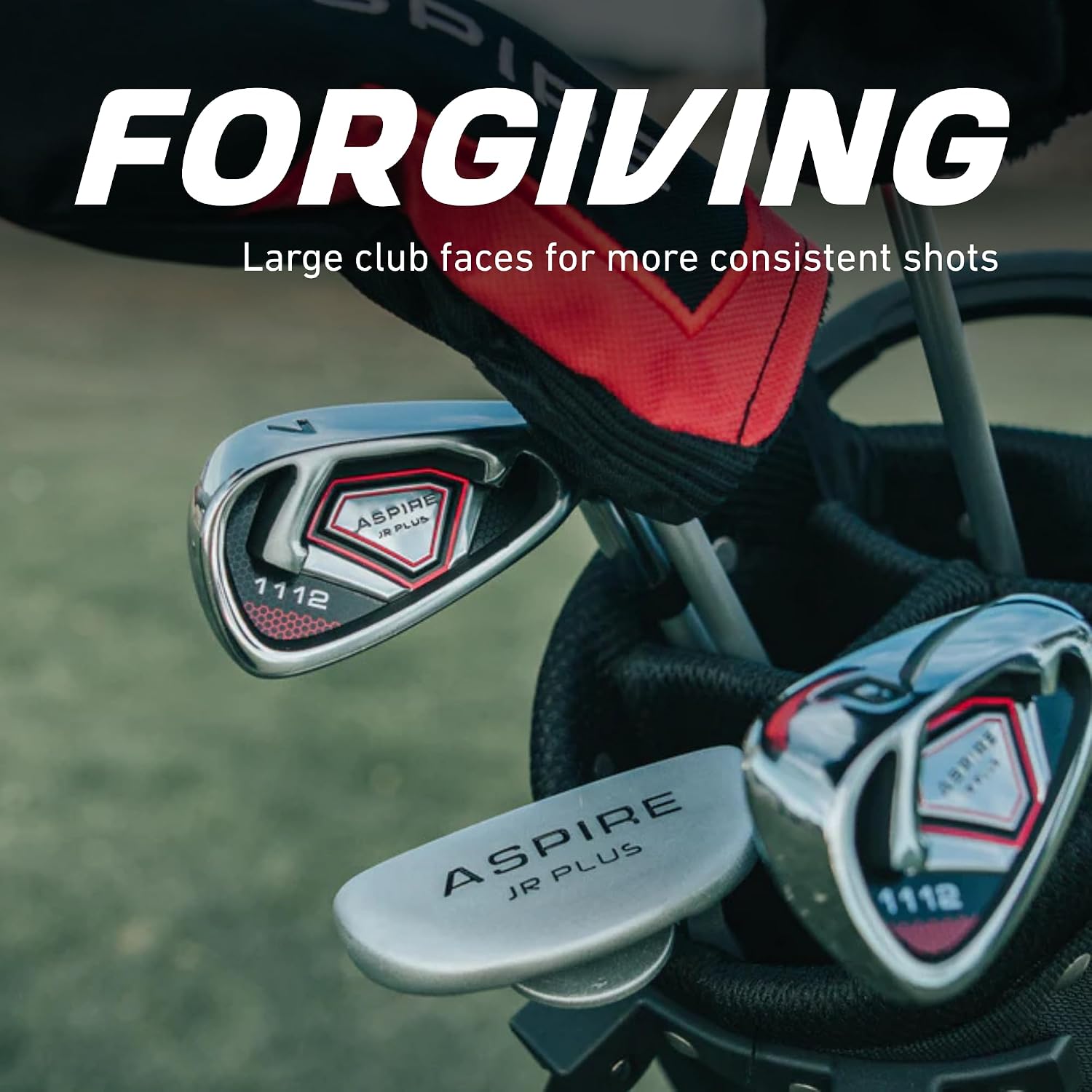 Aspire Junior Plus - Kids Complete Golf Club Set | Aircraft-Grade Aluminum, 15% Larger Clubhead, 7 Iron & Pitching Wedge, Progressive Flex Shafts, Rain Hood, 2 Headcovers