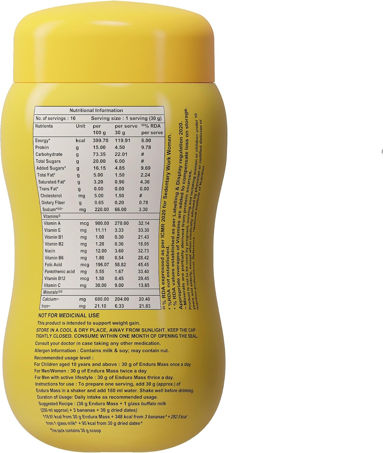 Endura Mass Weight Gainer Powder 500g Banana Flavour | Unique blend of 3 Sources of Protein, Carbs