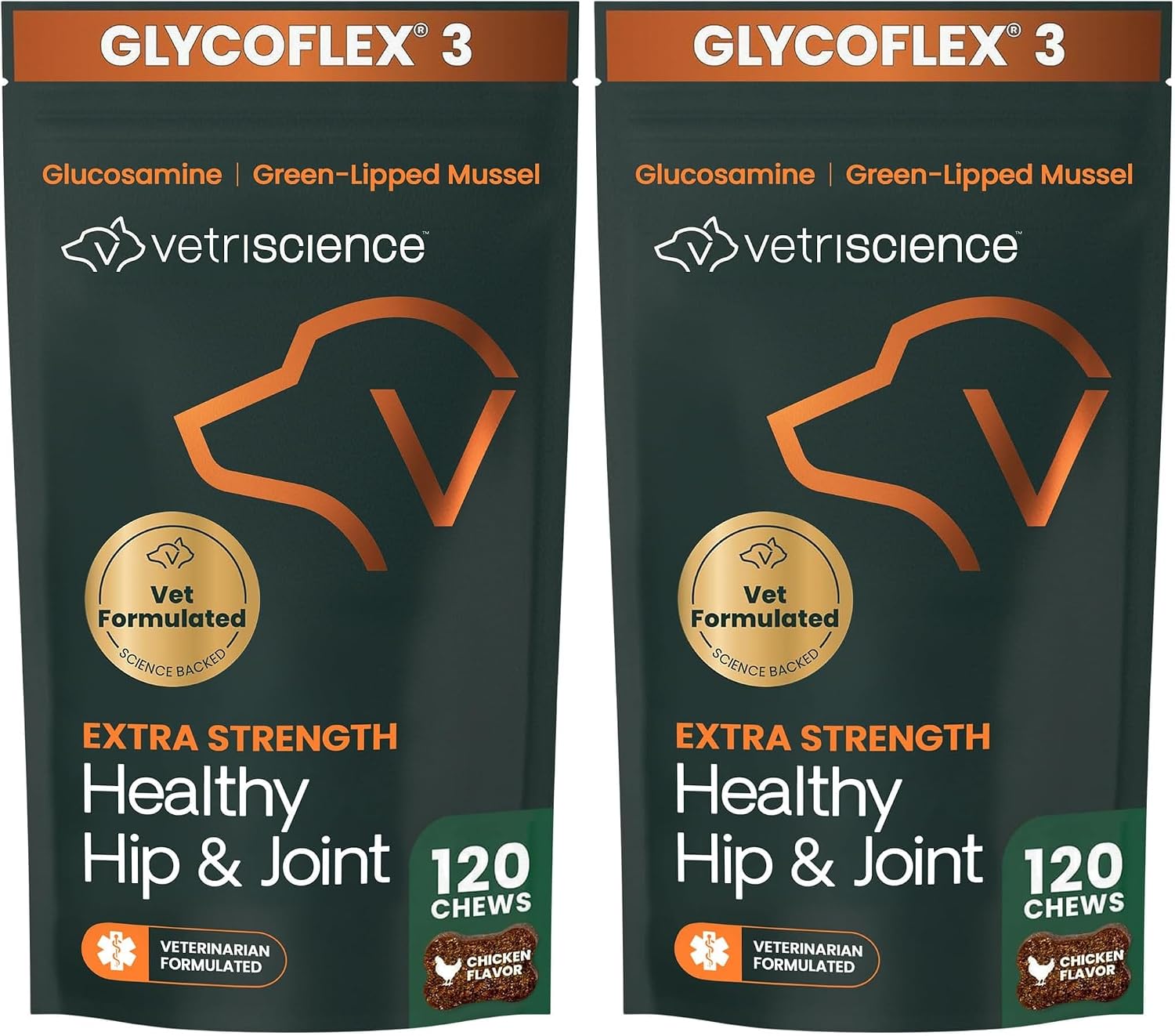 VetriScience Extra Strength Hip & Joint Supplement for Dogs – Supports Joint Health & Mobility, Vet-formulated w/Glucosamine, MSM & Green-Lipped Mussel – Chicken Flavor, 120 Chews
