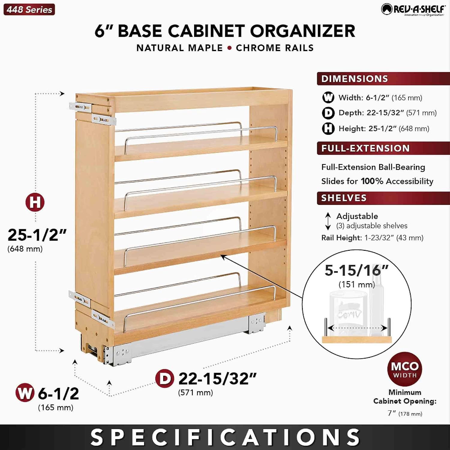 Rev-A-Shelf Pullout Kitchen Cabinet Organizer, Min Cabinet Opening 8.5" W | 8" W Slide Out Pantry Spice or Utensil Storage Rack with Adjustable Shelves for Base Cabinet Organization, 448-BC-8C