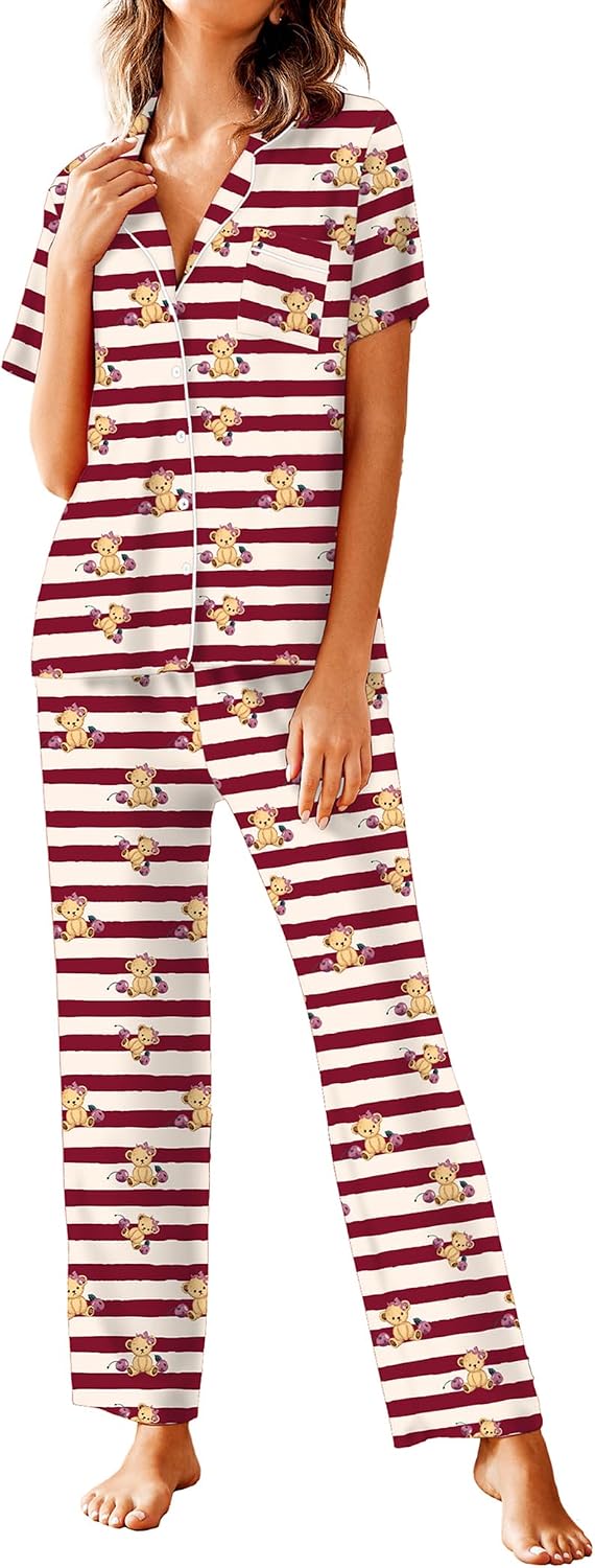 Avidlove Women Pajamas Set Notch Collar Soft Sleepwear Pjs Short Sleeve Button Down Nightwear with Long Pants