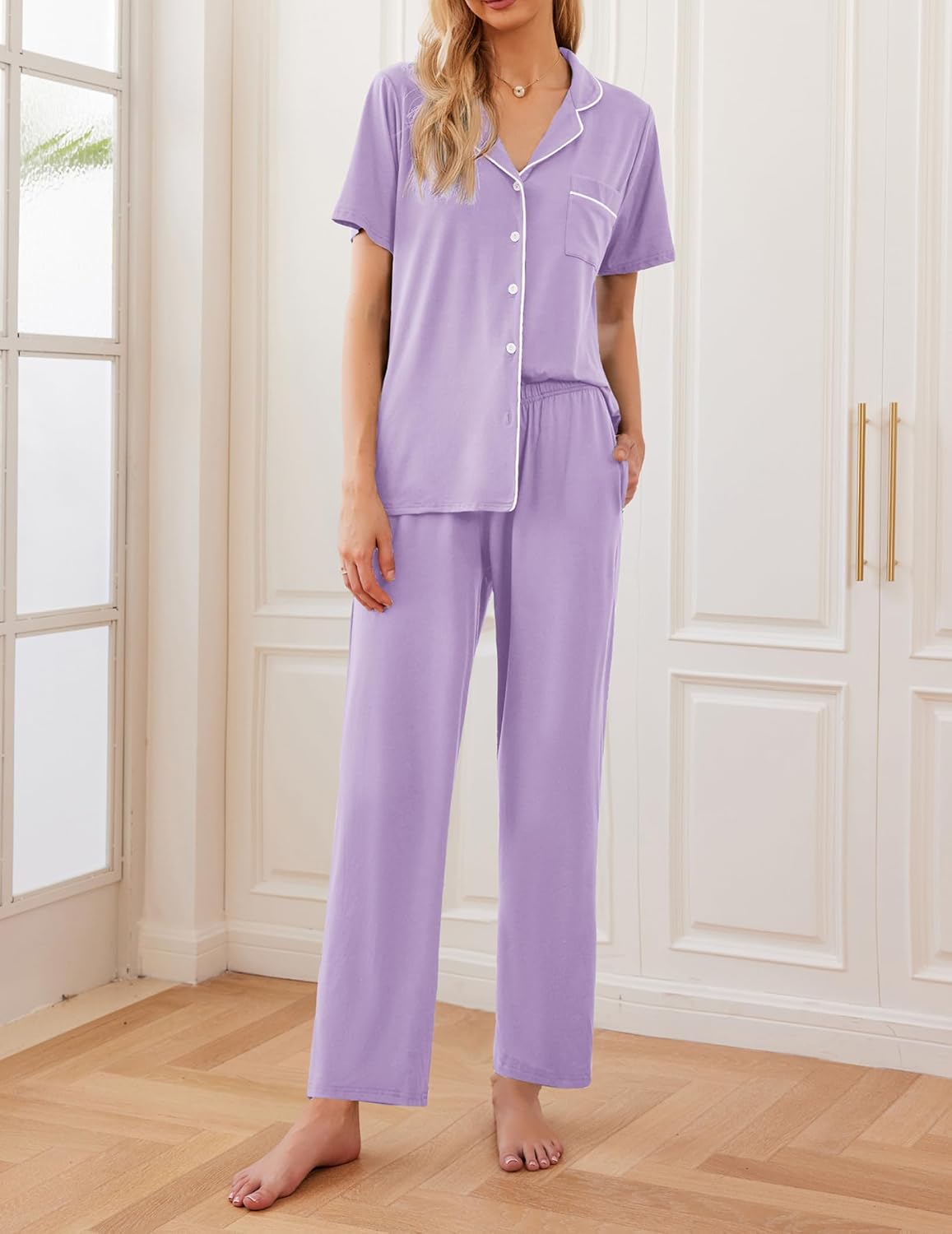 Ekouaer Womens Pajamas Set Short Sleeve Button Down Top & Pants Lounge Pjs