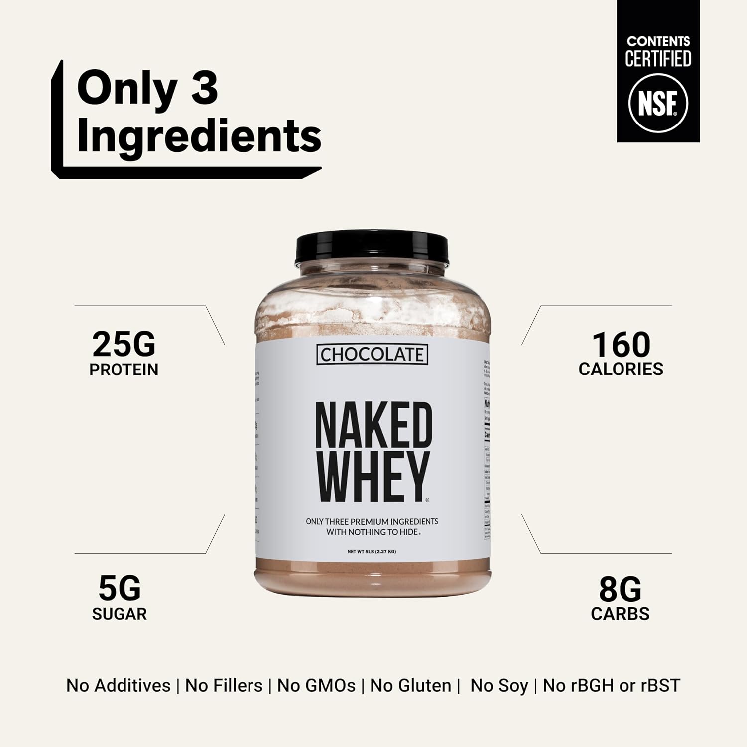 NAKED Whey 5LB 100% Grass Fed Unflavored Whey Protein Powder - Only 1 Ingredient, NSF Certified, Undenatured, Gluten Free, Soy Free, Promote Muscle Growth and Recovery - 76 Servings
