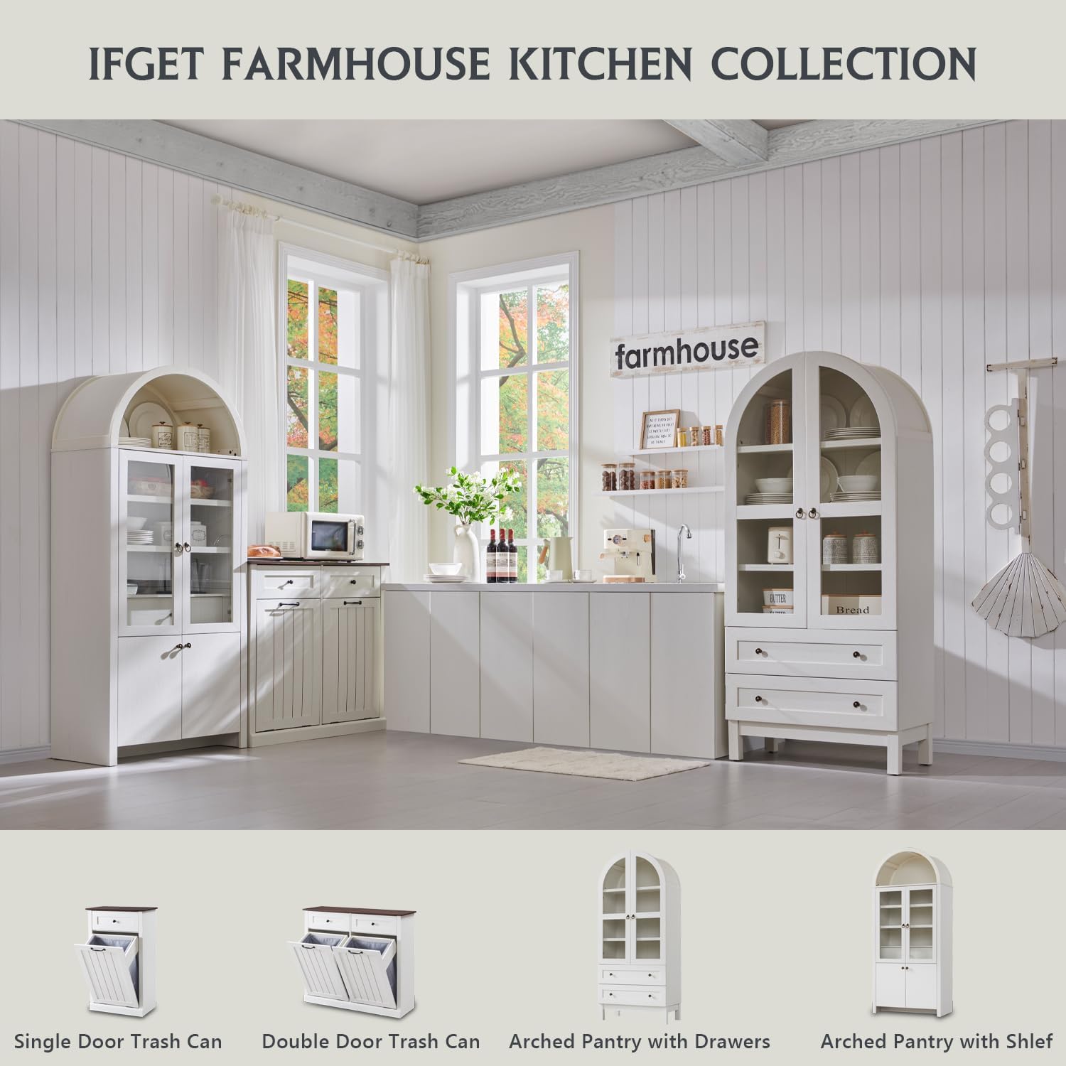 IFGET 71" Tall Arched Kitchen Pantry, Modern Farmhouse Wood Kitchens Storage Cabinets with 2 Large Drawers and Adjustable Shelves, Versatile Cupboard for Kitchen, Dining Room, Bathroom, Natrual