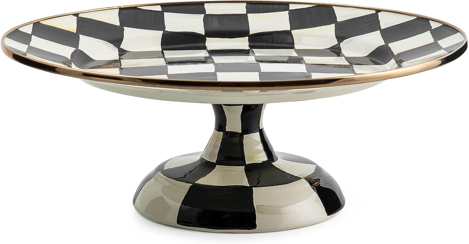 MACKENZIE-CHILDS Pedestal Platter, Mini, Black-and-White Courtly Check | Hand-painted design, made from enameled steel, stackable round cake stand for serving desserts, 8" dia. x 3" H