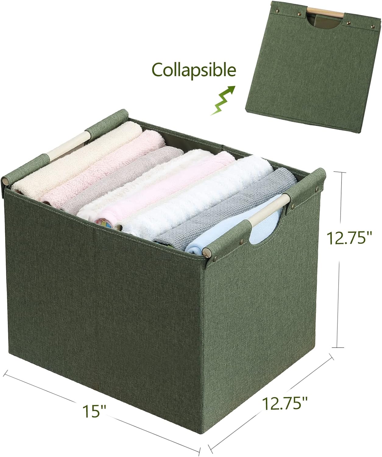 HOONEX Large Collapsible Storage Bins, Linen Fabric, 2 Pack, Storage Baskets with Wooden Carry Handles and Sturdy Heavy Cardboard, for Home, Office