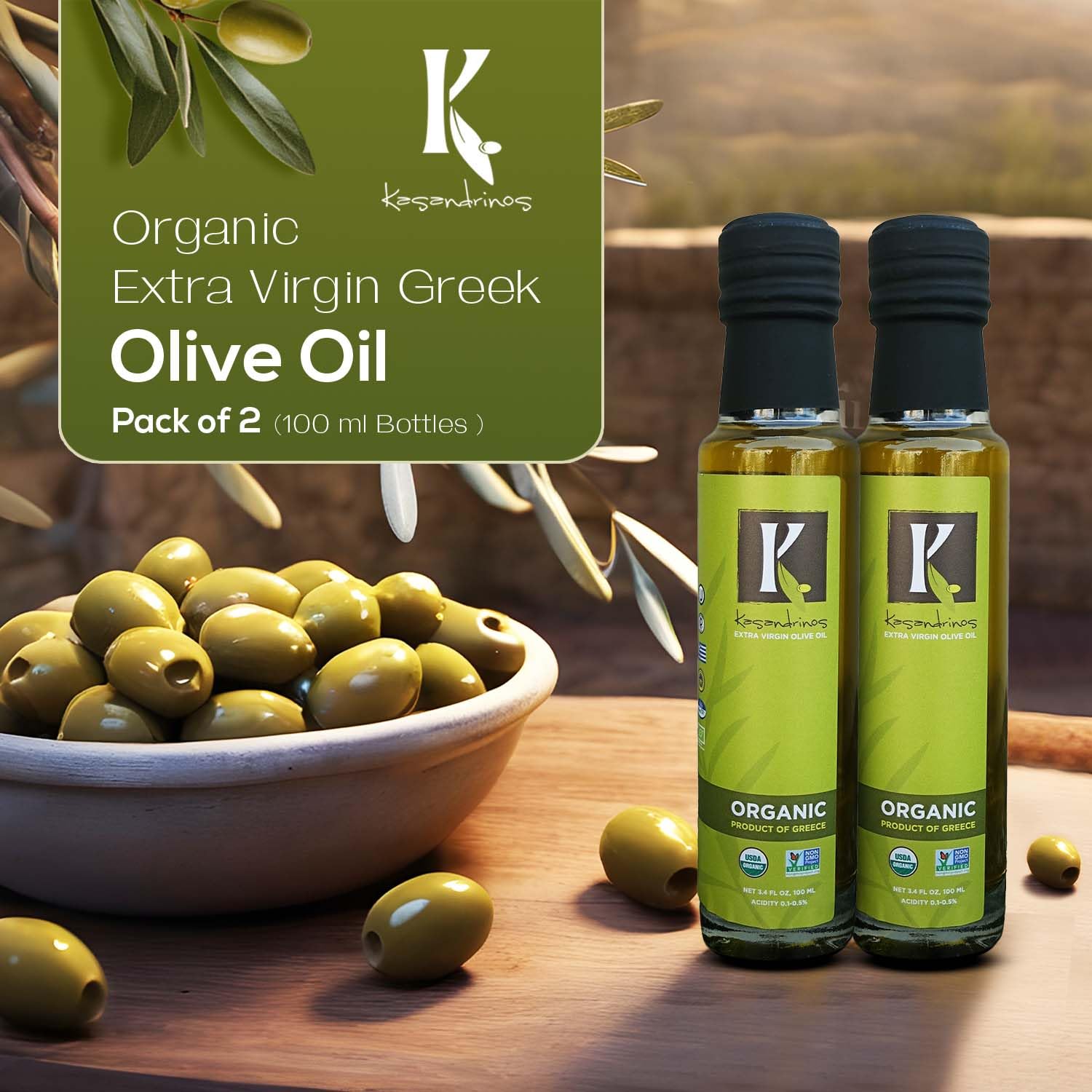 Kasandrinos Organic Olive Oil Extra Virgin, Polyphenol Rich Greek Olive Oil, 100% Organic First Cold Pressed, Mild + Delicate Flavor, Verified by Non GMO, 500 ml / 16.9 oz