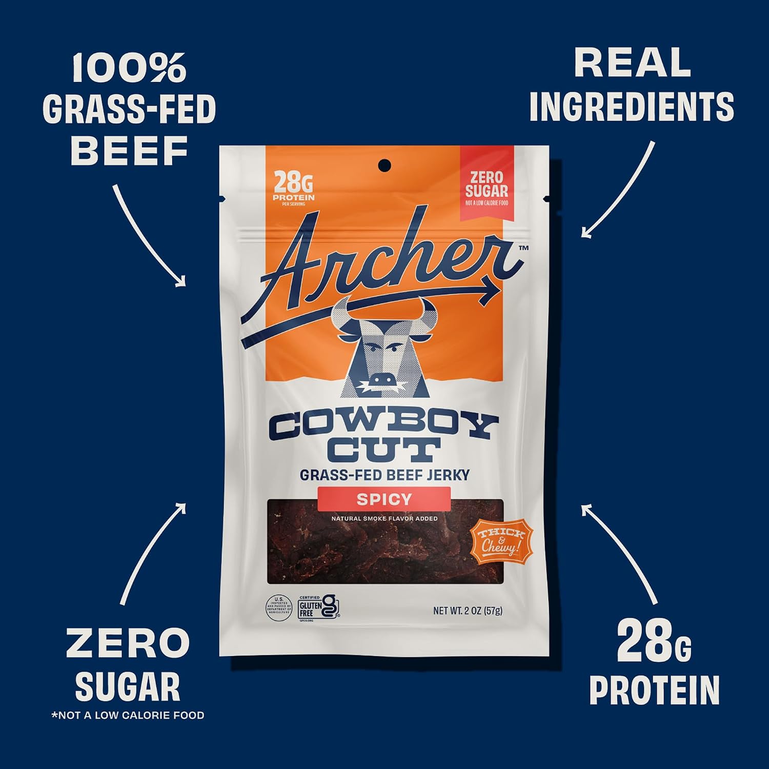 Archer Jerky Cowboy Cut Beef Jerky, Old Fashioned, Zero Sugar- 2 Oz, 6 Pack