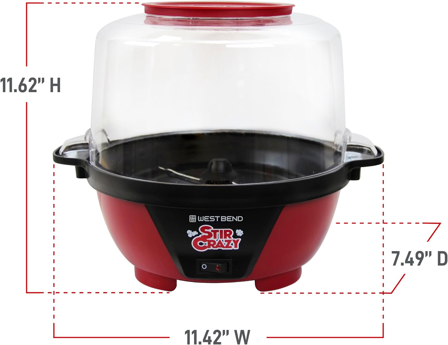 West Bend Stir Crazy Hot Oil Popcorn Popper, Popcorn Maker Machine with Large Serving Bowl Lid and Stirring Rod Perfect for Movie Night Snack Time or Parties, 6-Quart, Red