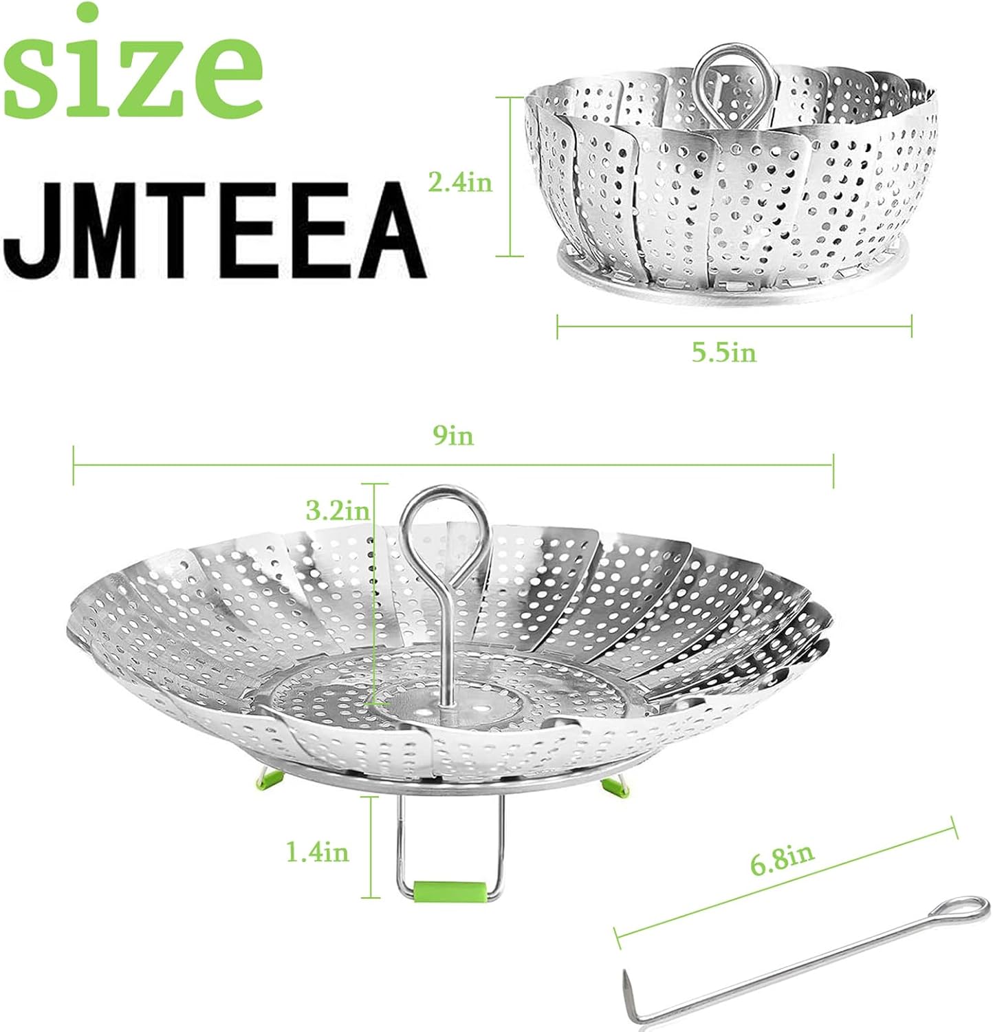 Steamer Basket Stainless Steel Vegetable Basket Metal Handle Folding Silicone Feet Steamer Insert for Cooking Veggies Fish Seafood Include Safety Tool