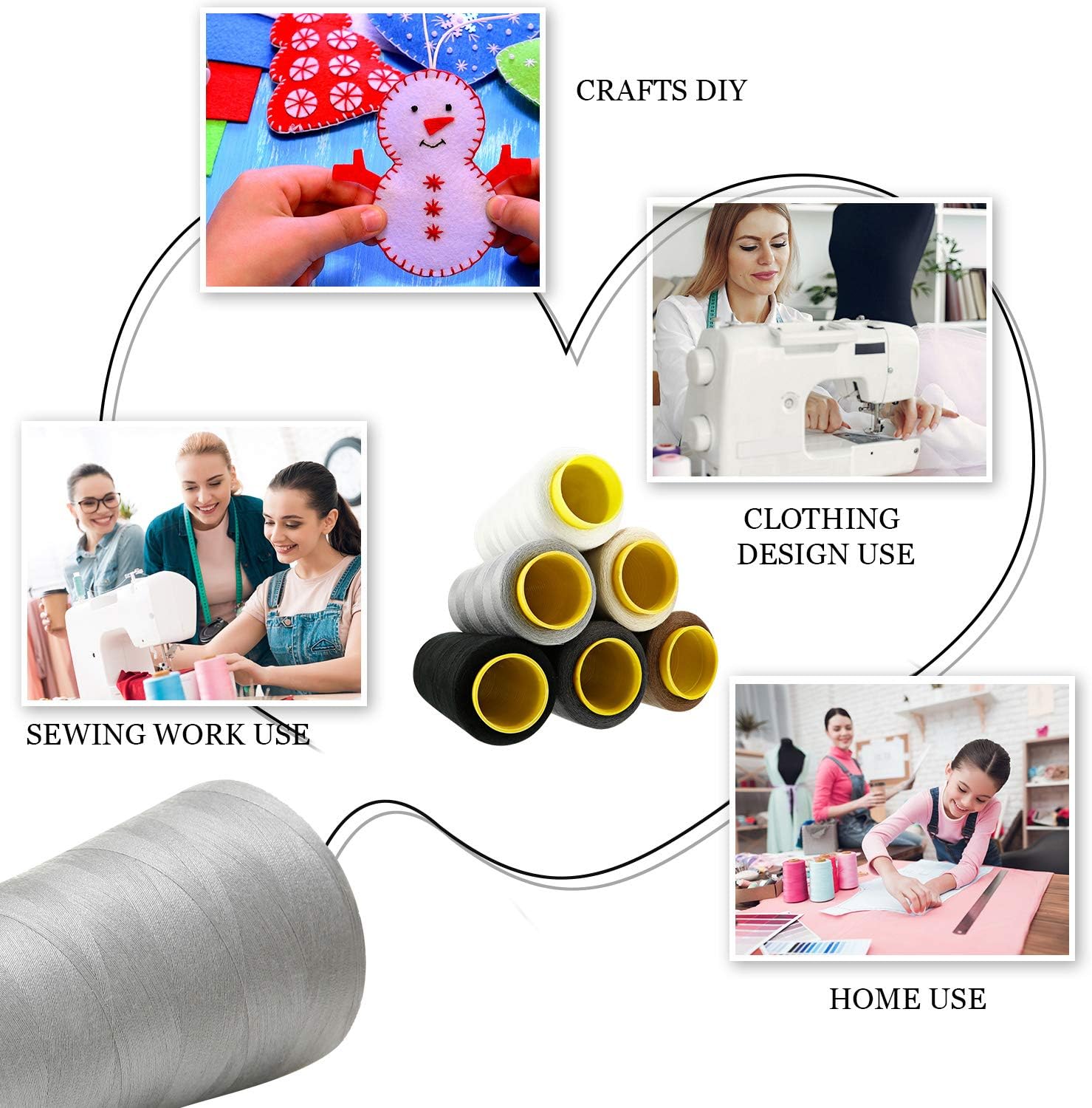 BBTO 6 Rolls 3000 Yard Each Serger Thread Polyester Cones Spool Thread for Sewing Serger Overlock Quilting Sewing Machine (Black, White, Beige, Grey