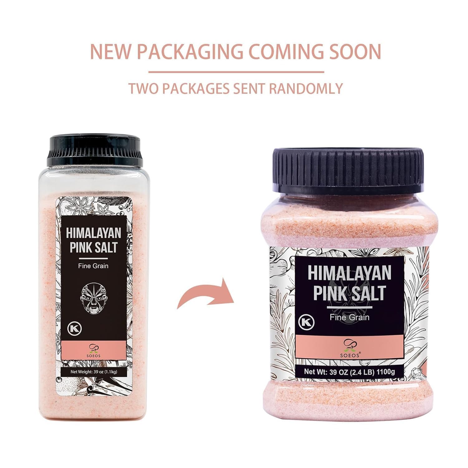 Soeos Himalayan Pink Salt, Fine Grain, 39 oz (2.4lb), Bottled