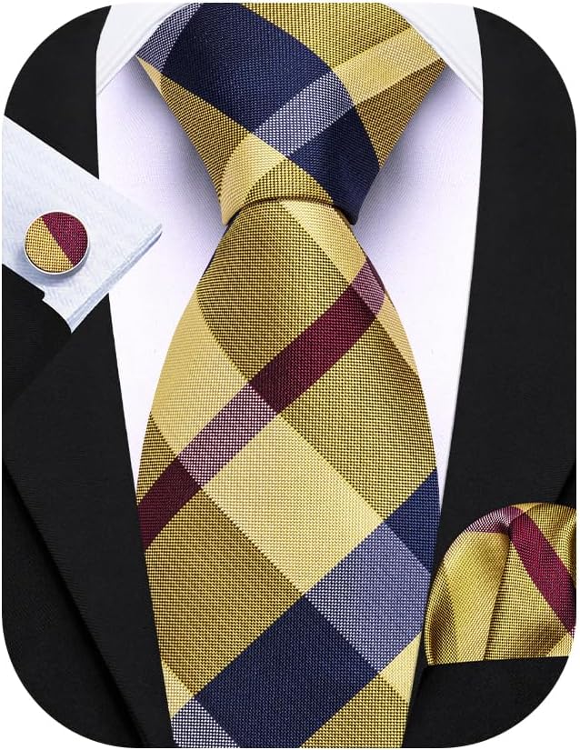 Barry.Wang Plaid Ties for Men Silk Necktie Handkerchief Cuff Links Set