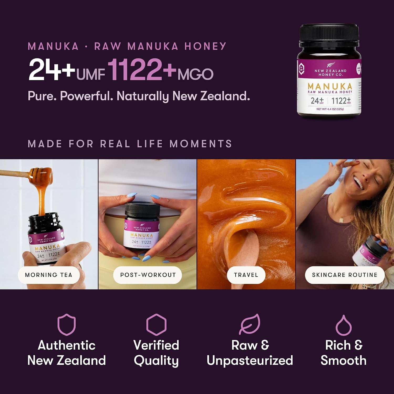 Raw Manuka Honey UMF 24+ MGO 1122+, UMF Certified, 3rd Party Tested, 8.8oz