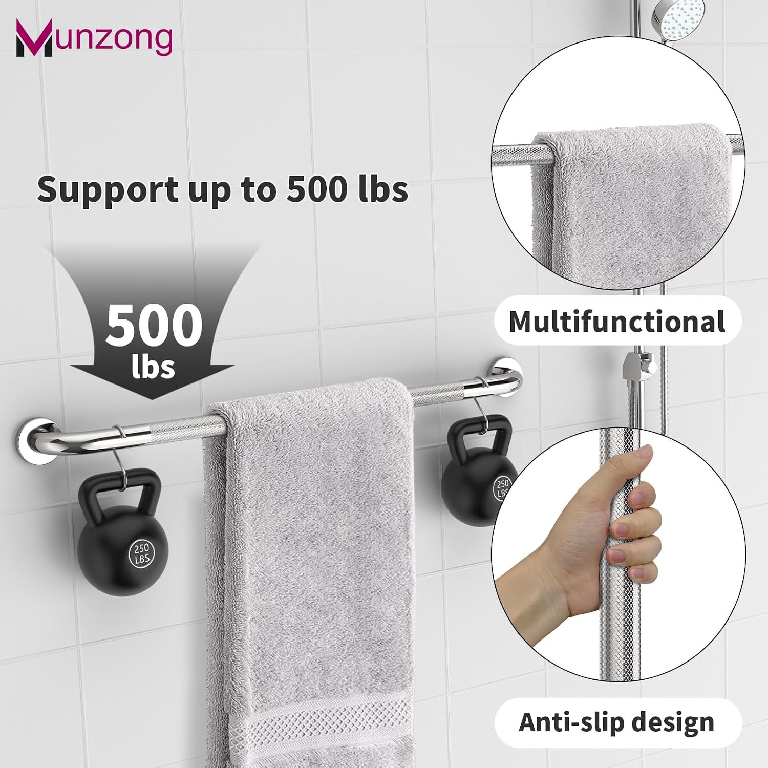 Munzong 3 Pack Commercial Handicap Grab Bars 18" 36" 42" Brushed Nickel | Bathroom Grab Bar for Shower 1.25" Diameter Anti Slip Bathroom Balance Bar Safety Hand Rail for Elderly Injury Senior