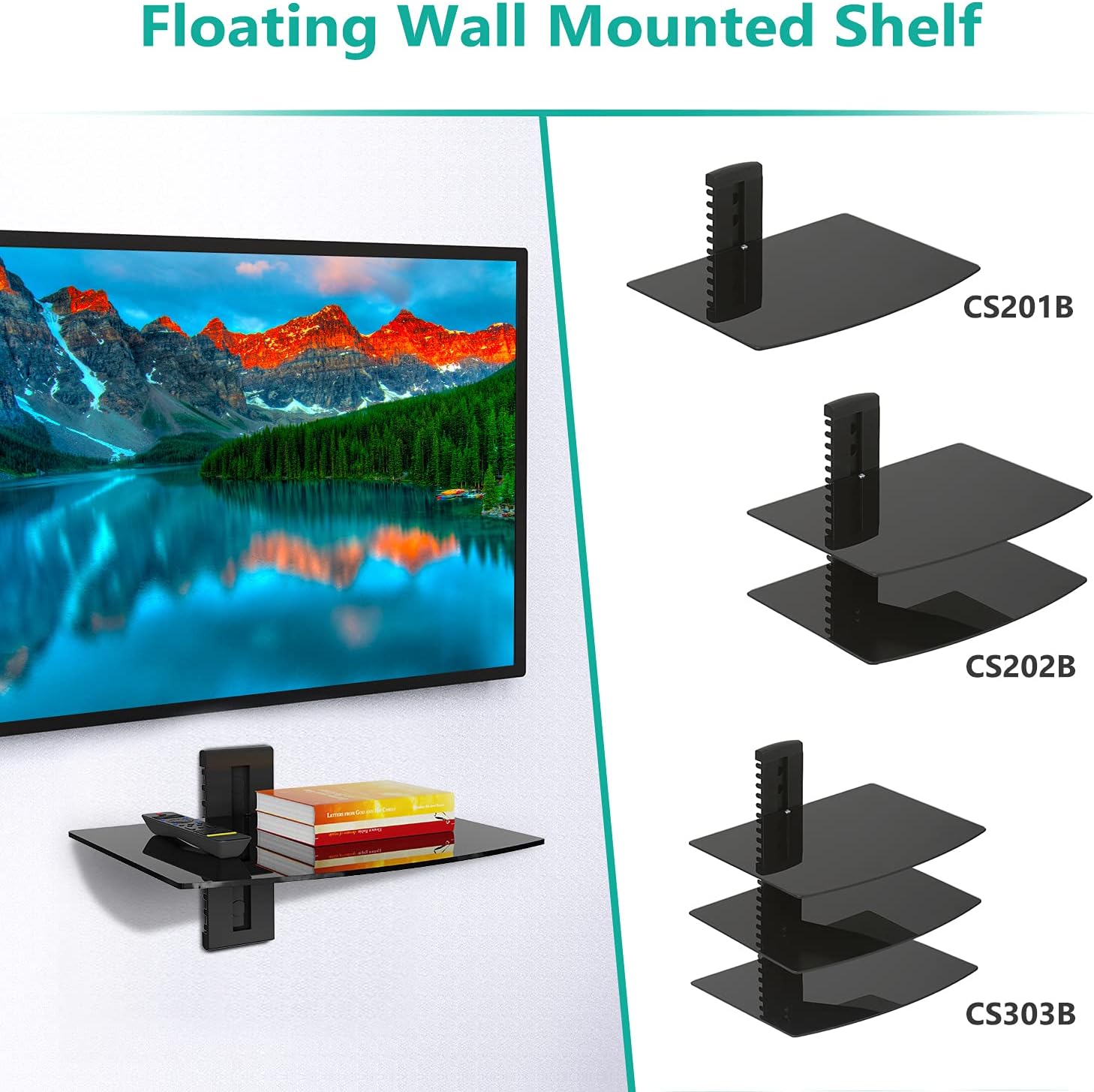 WALI Floating TV Shelf, 2 Tier Glass Projector Shelf for DVD Players, Routers, Game Consoles, Cable Boxes, Living Room Decor, Wall Mount Shelves Hold Up to 17.6lbs (CS202B), 2-Shelf, Black