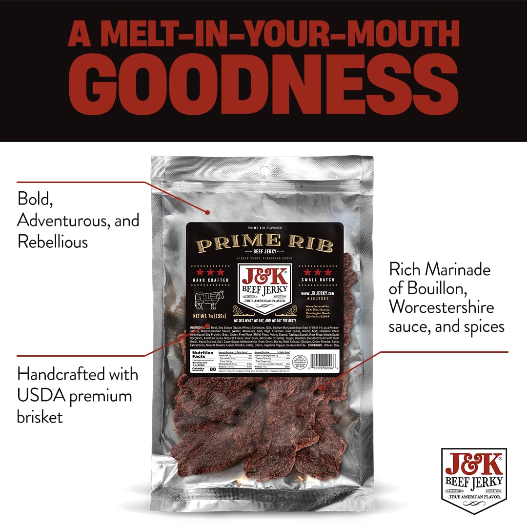 J&K Jerky Prime Rib Beef Jerky - Authentic American Made Slab Jerky for a Delicious Protein Snack - 7oz Big Bag of Jerky