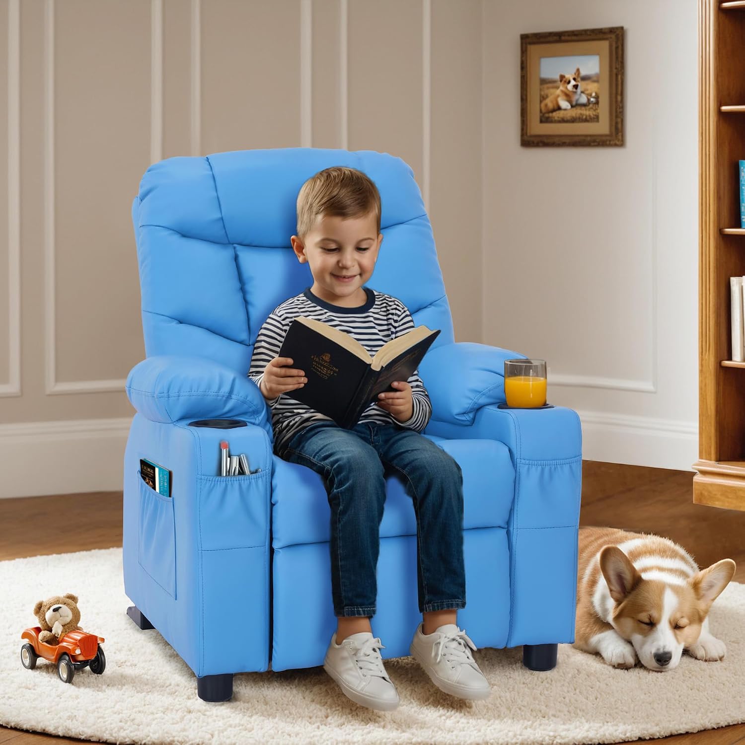 MCombo Big Kids Recliner for Ages 3+, Toddlers Recliner 7355 Velvet, Blue