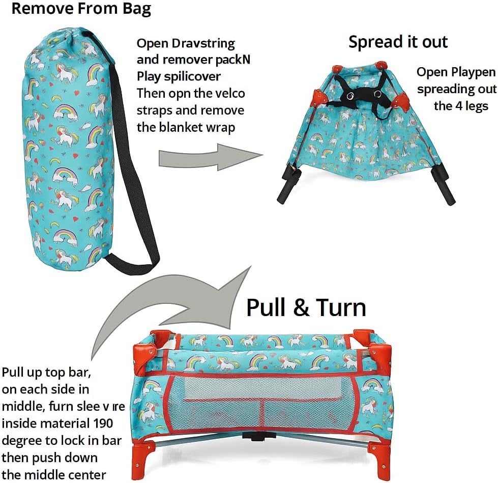 fash n kolor 4 Piece Baby Doll Play Set Flower Design Includes - Foldable Pack N Play, Baby Doll Stroller, Baby Doll High Chair, Infant Seat, Fits Up to 18'' Doll 4 Piece Doll Accessories Set