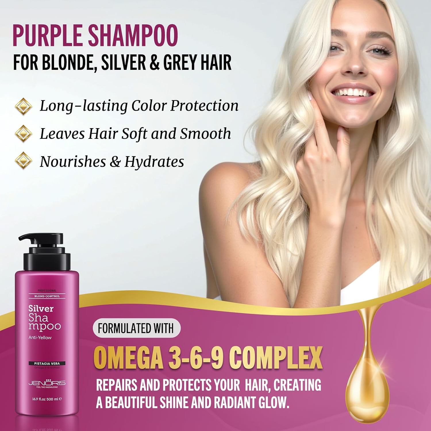Jenoris Silver Purple Shampoo For Blonde, Silver, Gray & Lightened Hair – Neutralizes Yellow & Brassy Tones – Enriched with Natural Oils