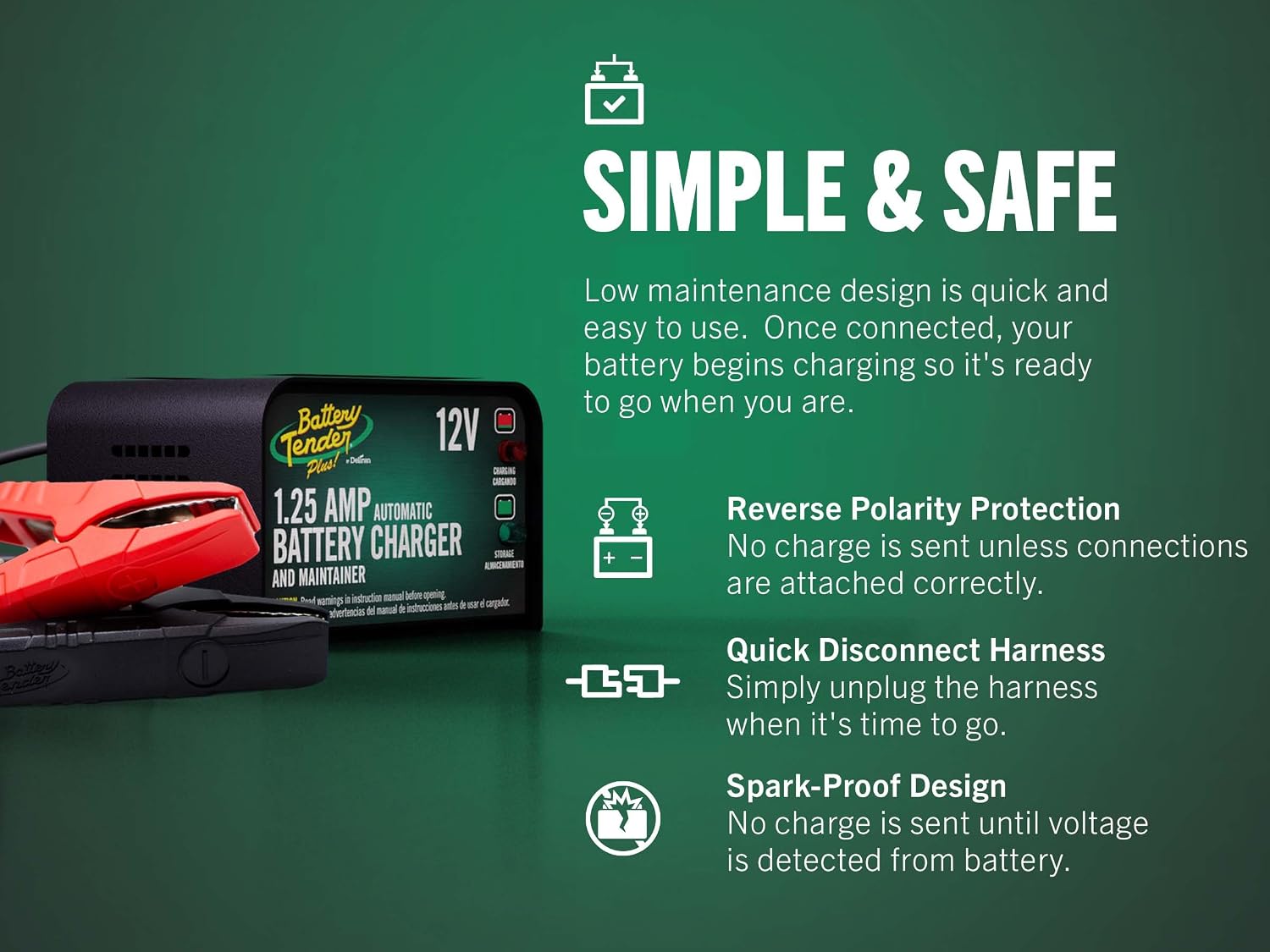 Battery Tender Plus 12V 1.25 AMP Car & Motorcycle Battery Charger and Maintainer, Float Charge for Automotive