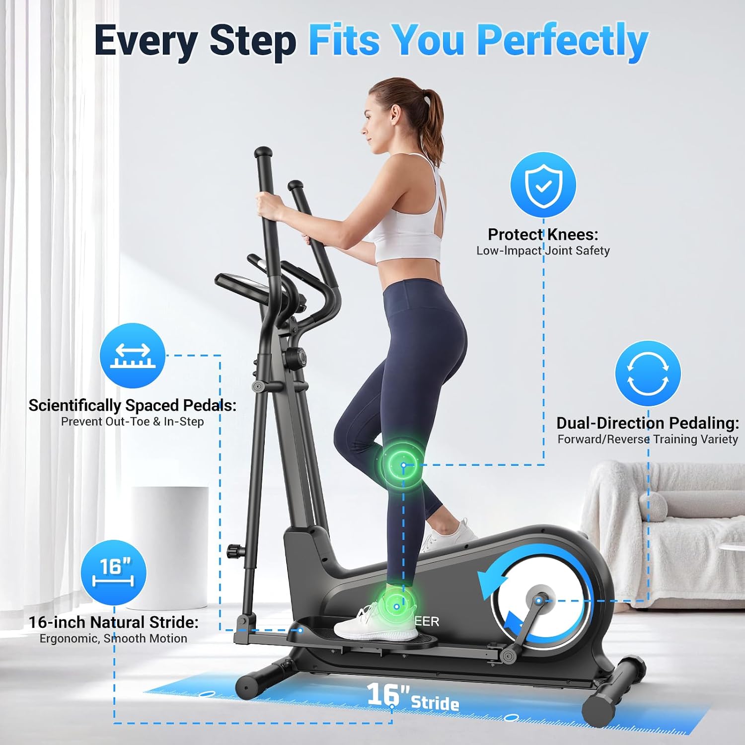 ANCHEER Elliptical Exercise Machine Foldable Elliptical Trainer 16" Stride | Ultra-Silent Elliptical Machine for Home, 550LBS Loading Capacity, 16 Resistance Levels &Pulse Rate Grips &Adjustable Pedals
