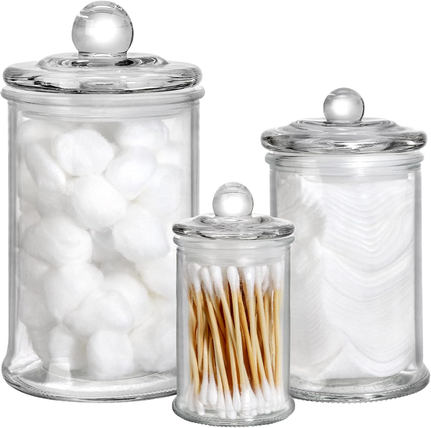 Set of 3 Glass Apothecary Jars with Lids, Bathroom Canisters Storage Container Jars, Decorative Small Glass Apothecary Jar for Cotton Swabs