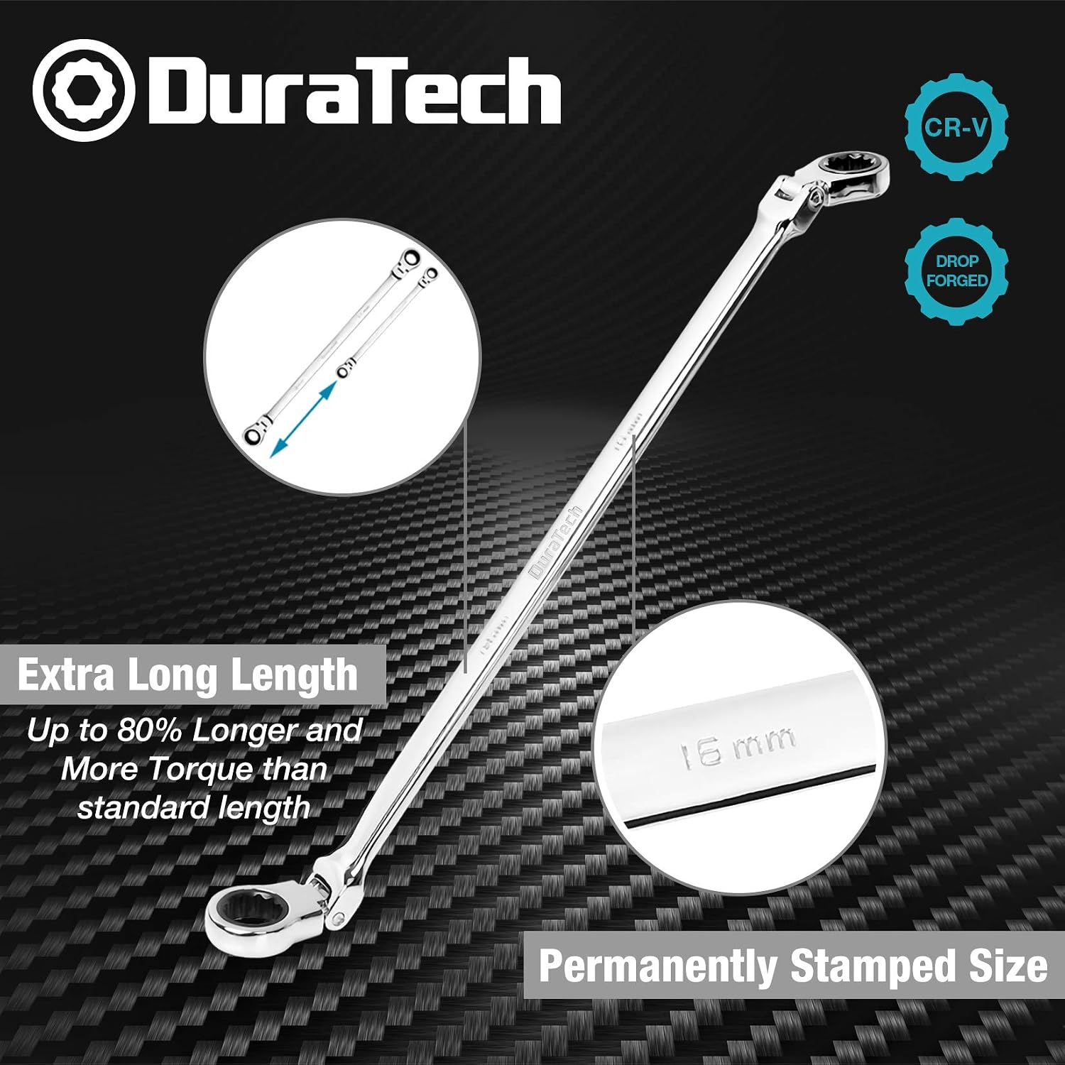 DURATECH Extra Long Flex-Head Ratcheting Wrench Set, Metric, CR-V Steel
