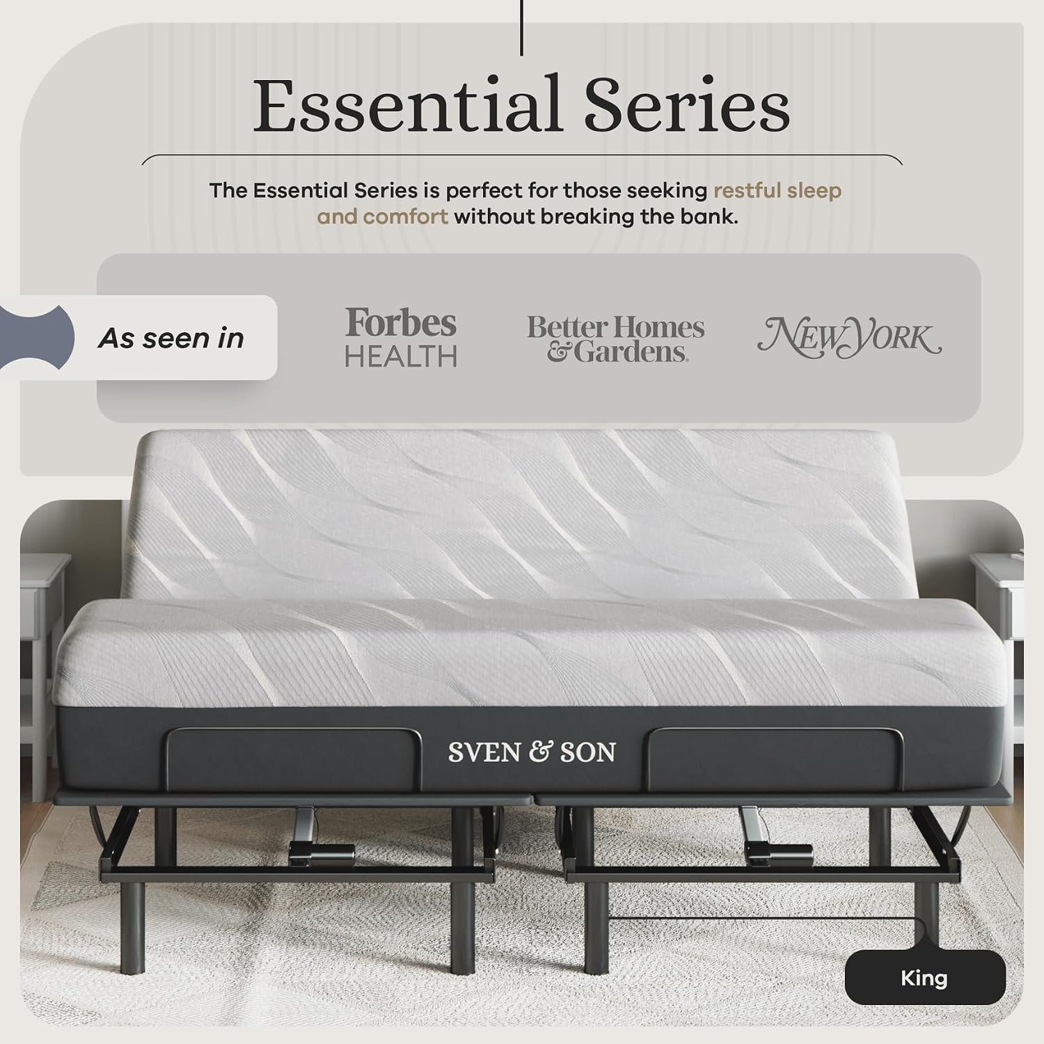Sven and Son Essential Adjustable Bed Base (Frame) + 12 inch Memory Foam Matt (Medium), Easy Assembly, Head and Foot Lift, Memory Positions