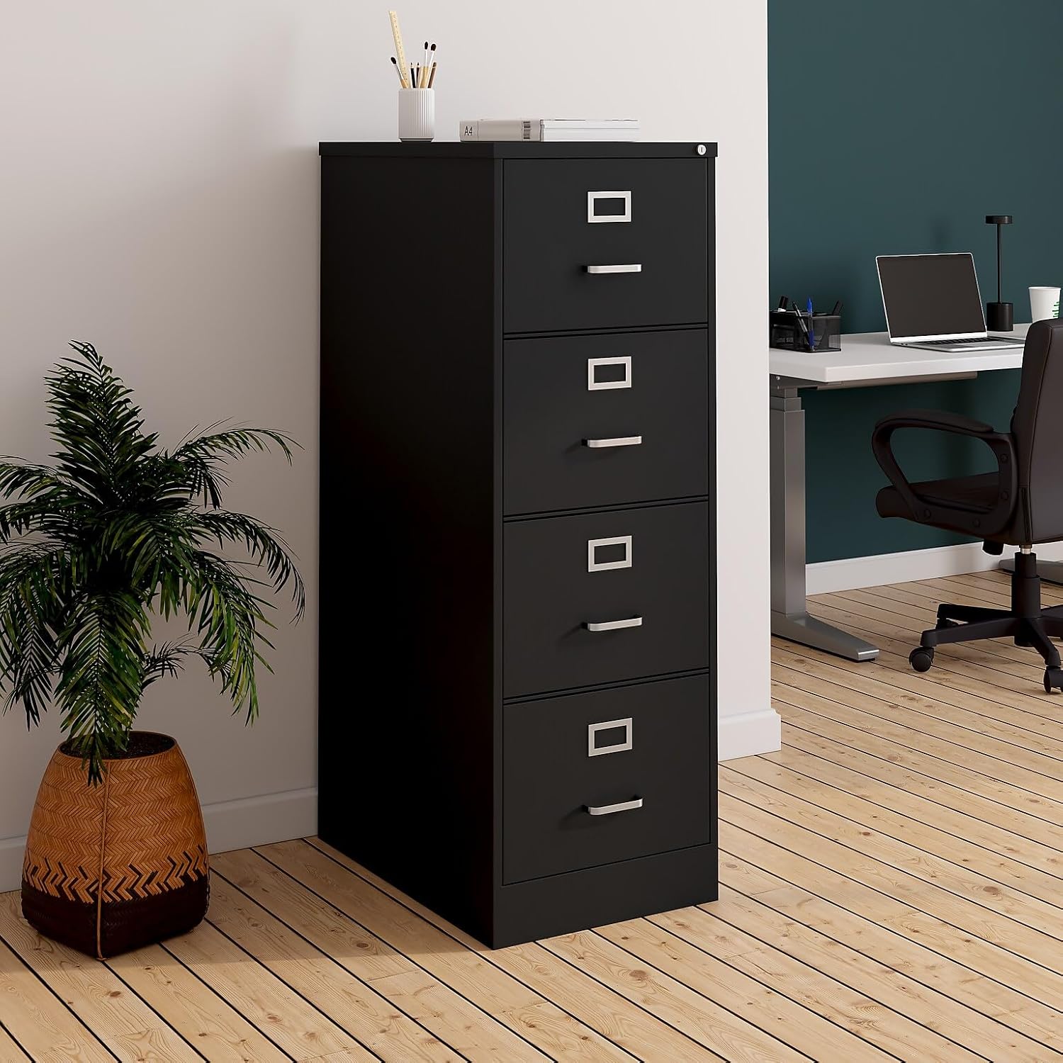Staples 4-Drawer Vertical File Cabinet, Letter Size Documents, Lockable, 26.5" D x 15" W x 51.97" H, Putty/Beige