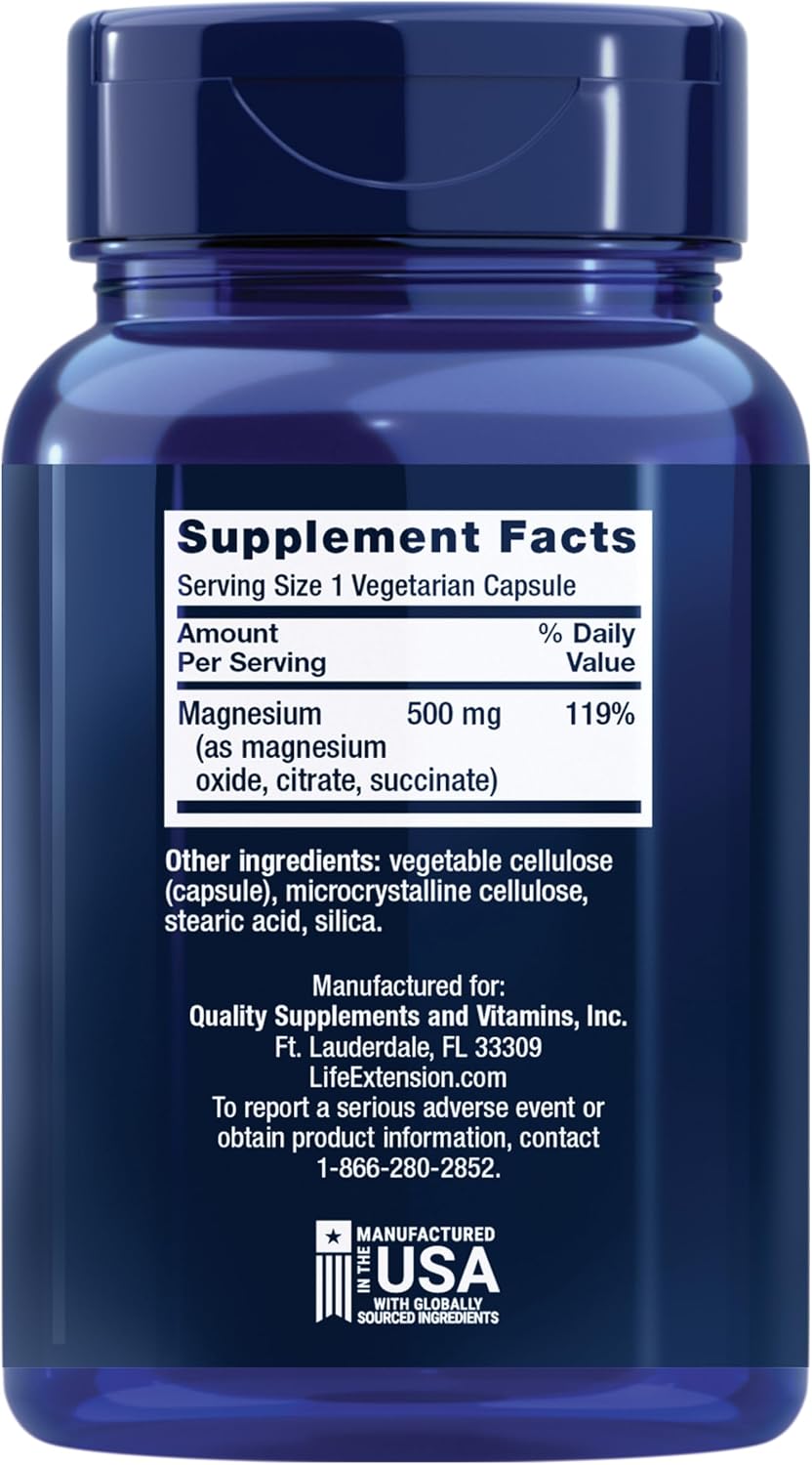 Life Extension Magnesium Caps, 500 mg, Magnesium Oxide, Citrate, and Succinate, Heart Health, Healthy Bones, Metabolism Support, 100 Vegetarian Capsules | Magnesium Oxide, Citrate & Succinate Blend for Heart Health, Healthy Bones & Metabolism, 100 Vegeta…