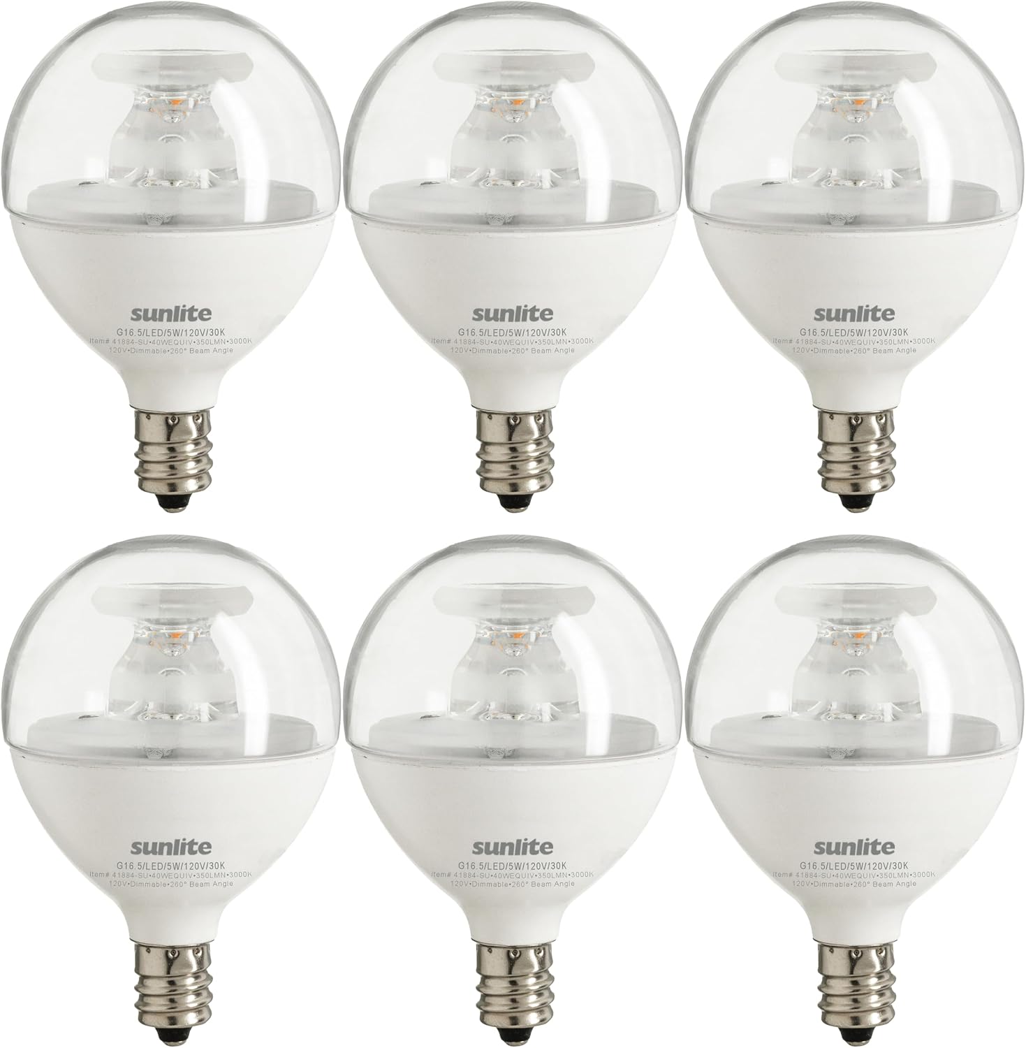 Sunlite G16.5 Light Bulb LED, 5W (40W Equiv.), 350 Lumens, Dimmable, Type G Globe Shape E12 Candelabra Base, Short Bulbs, Vanity Mirror Bulbs, 2700K Soft White, Frosted, 6 Count