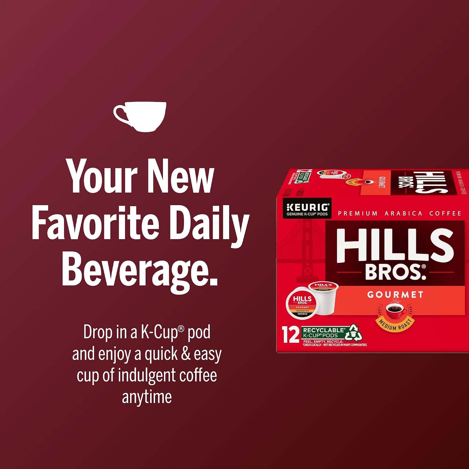Hills Bros Single Serve Coffee Pods, 100% Colombian Ground Coffee, Medium Roast, 12 Count – Keurig Compatible, Roasted 100% Arabica Beans, Smooth Balanced Flavor