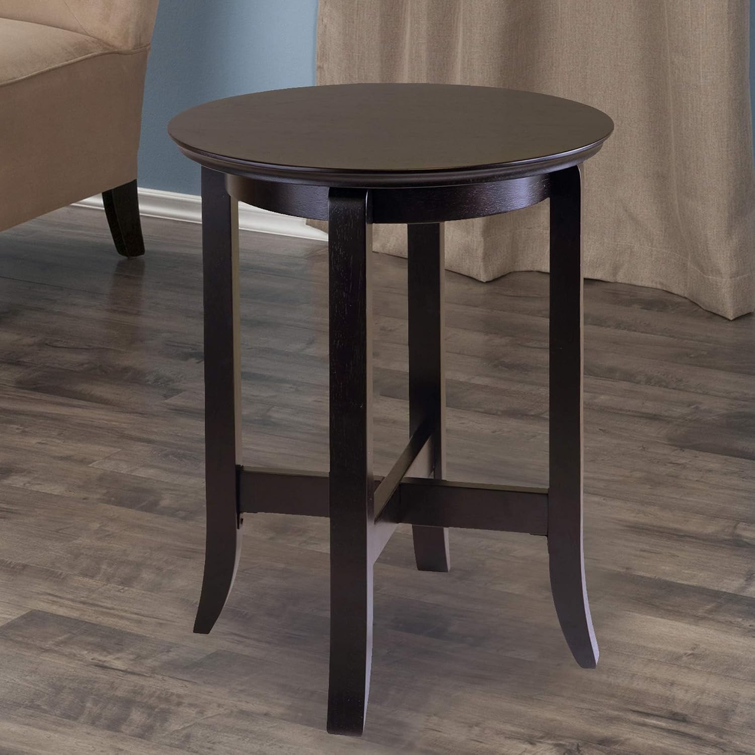 Pemberly Row Transitional Solid Wood End Table, 22 in H x 18 in W, Dark Espresso Finish, Flared Legs with Cross Bottom, Elegant Living Room, Bedroom