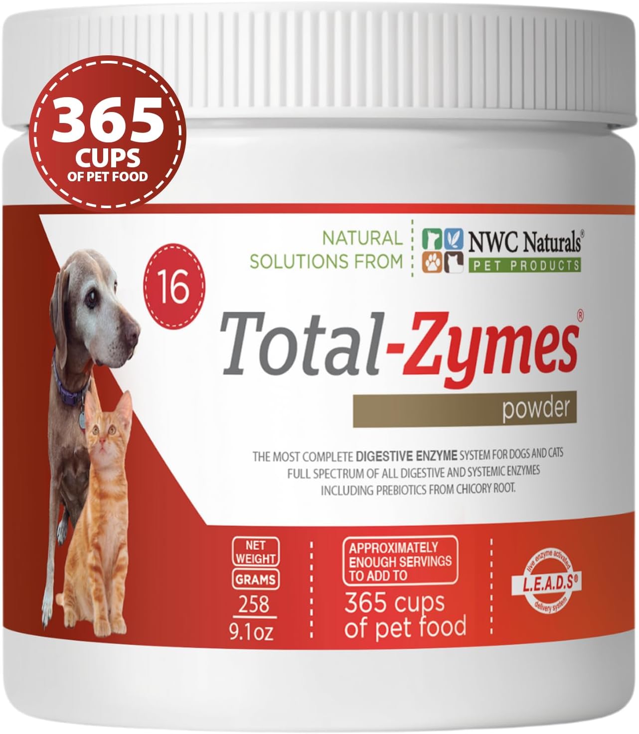 Total-Zymes Digestive Enzymes for Dogs and Cats, 8 oz. Powder | Unflavored Daily Powder, Mix 1 Scoop per Cup of Food, 16 Plant-Based Enzymes and Prebiotic Support Digestion and Absorption