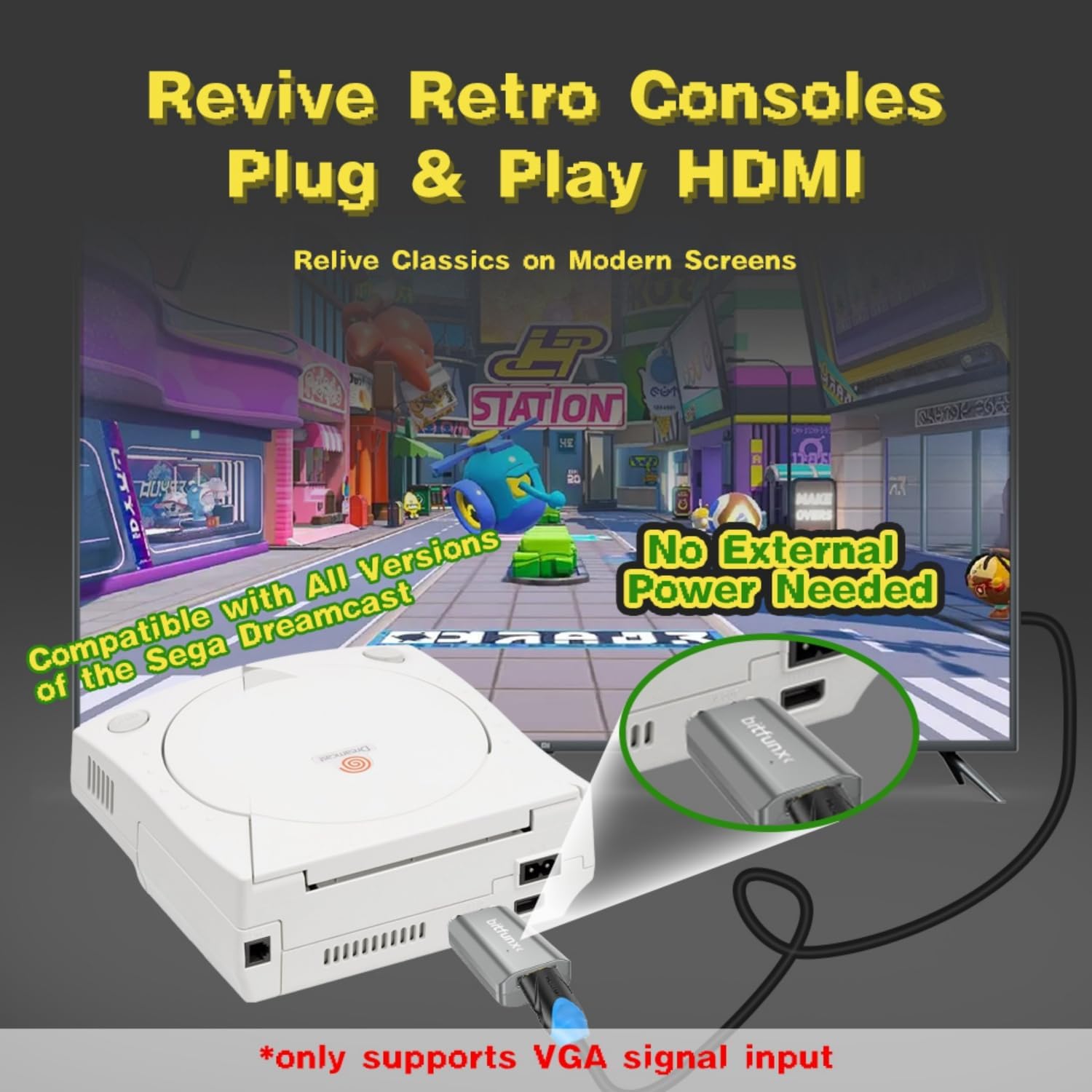 BITFUNX Dreamcast HDMI™ Adapter - Supports VGA to HDMI™, Plug & Play Video Game Adapter with No Lag