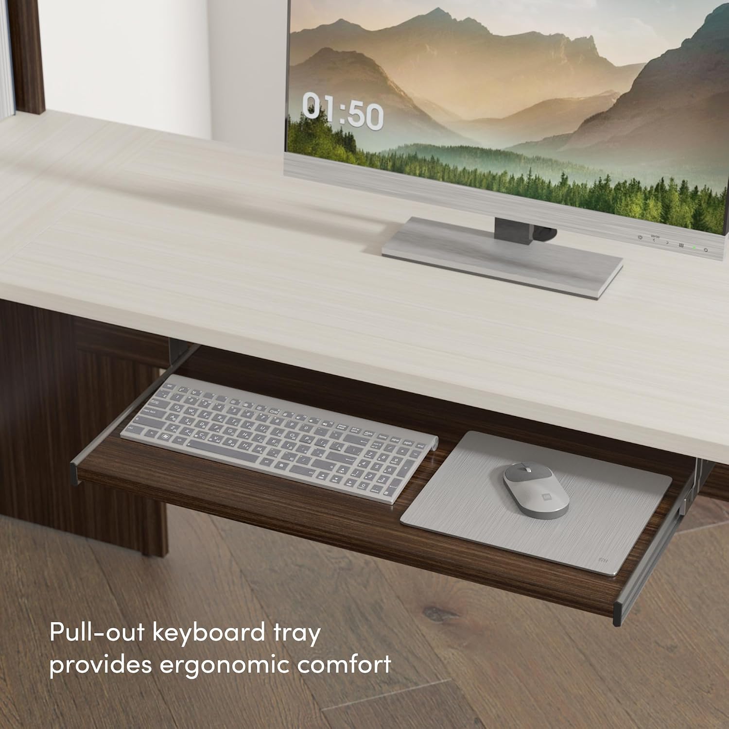 Bestar U Shaped Desk with Drawers, Hutch, and Keyboard Tray, Executive Workstation for Home or Professional Office, 65 Inches, Ridgeley Collection, White Chocolate
