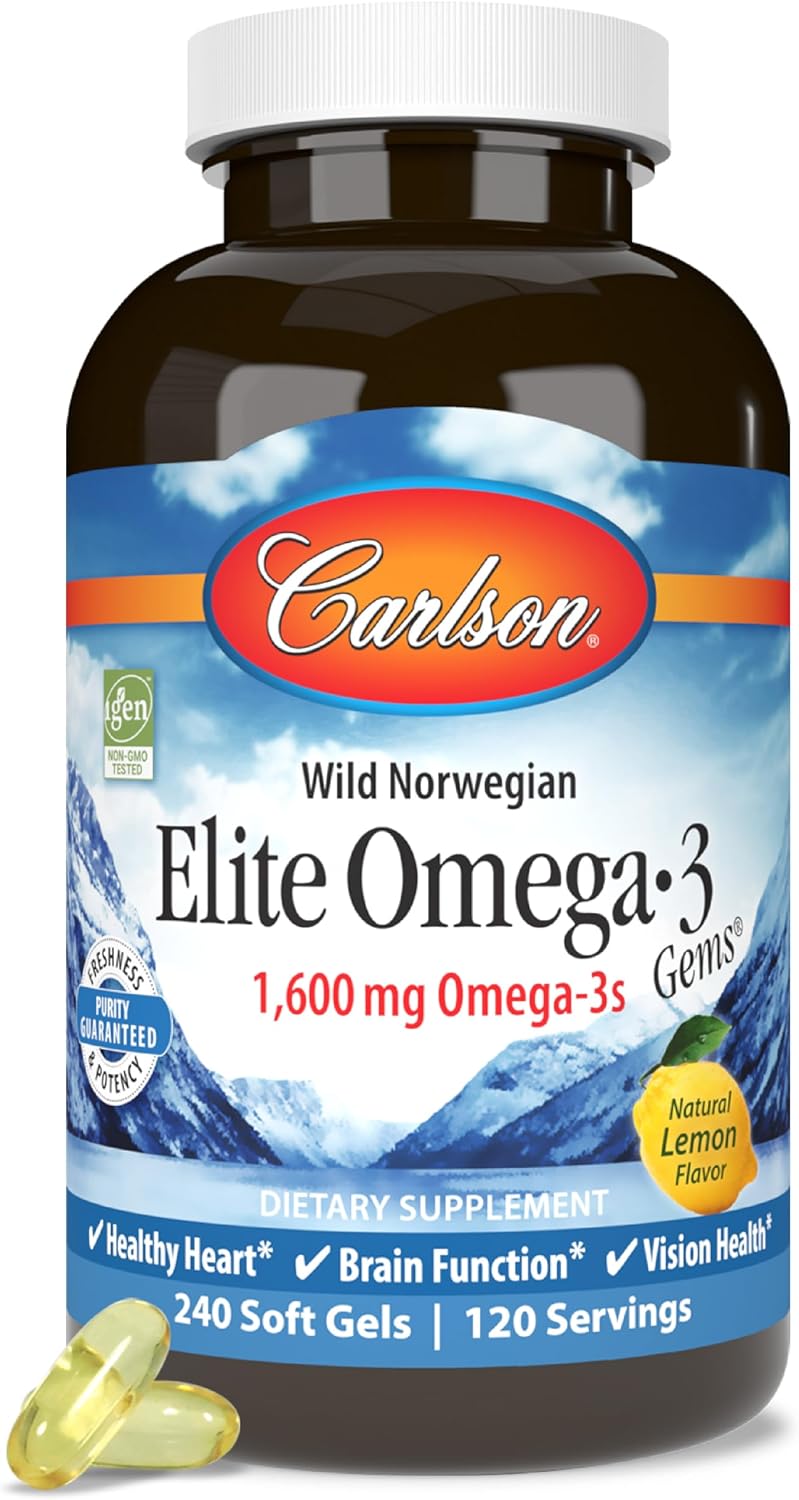 Carlson Elite Omega-3 Gems, 1600 mg, from Norway, Lemon, 90 + 30 Softgels | Omega-3 Fatty Acids Including EPA and DHA; Wild-Caught Fish Oil Supplement; Sustainably Sourced Omega 3 Fish Oil Capsules