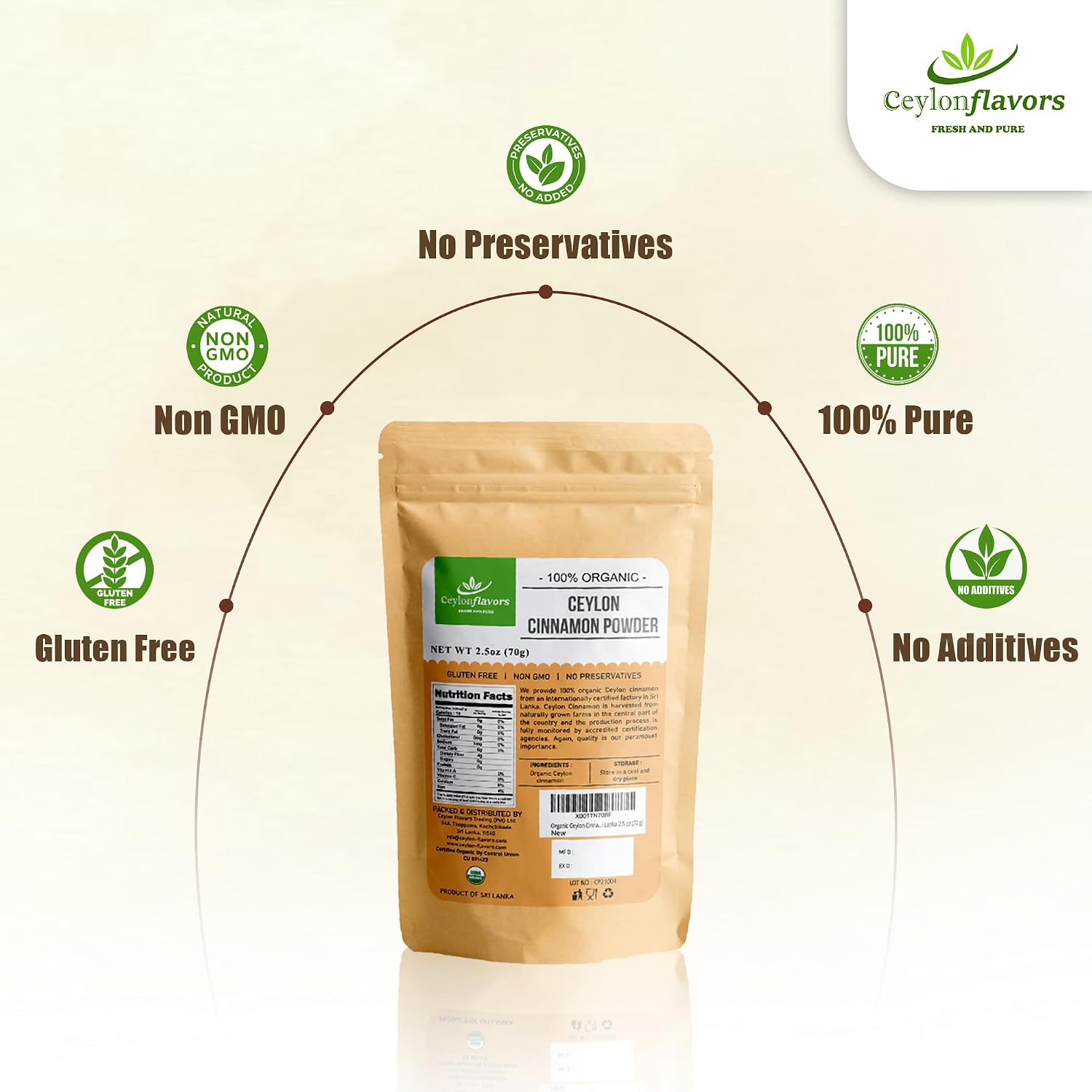 Ceylon Flavors Fresh and Pure USDA Certified Organic Ceylon Cinnamon Powder Premium Grade 2.5oz (70g)