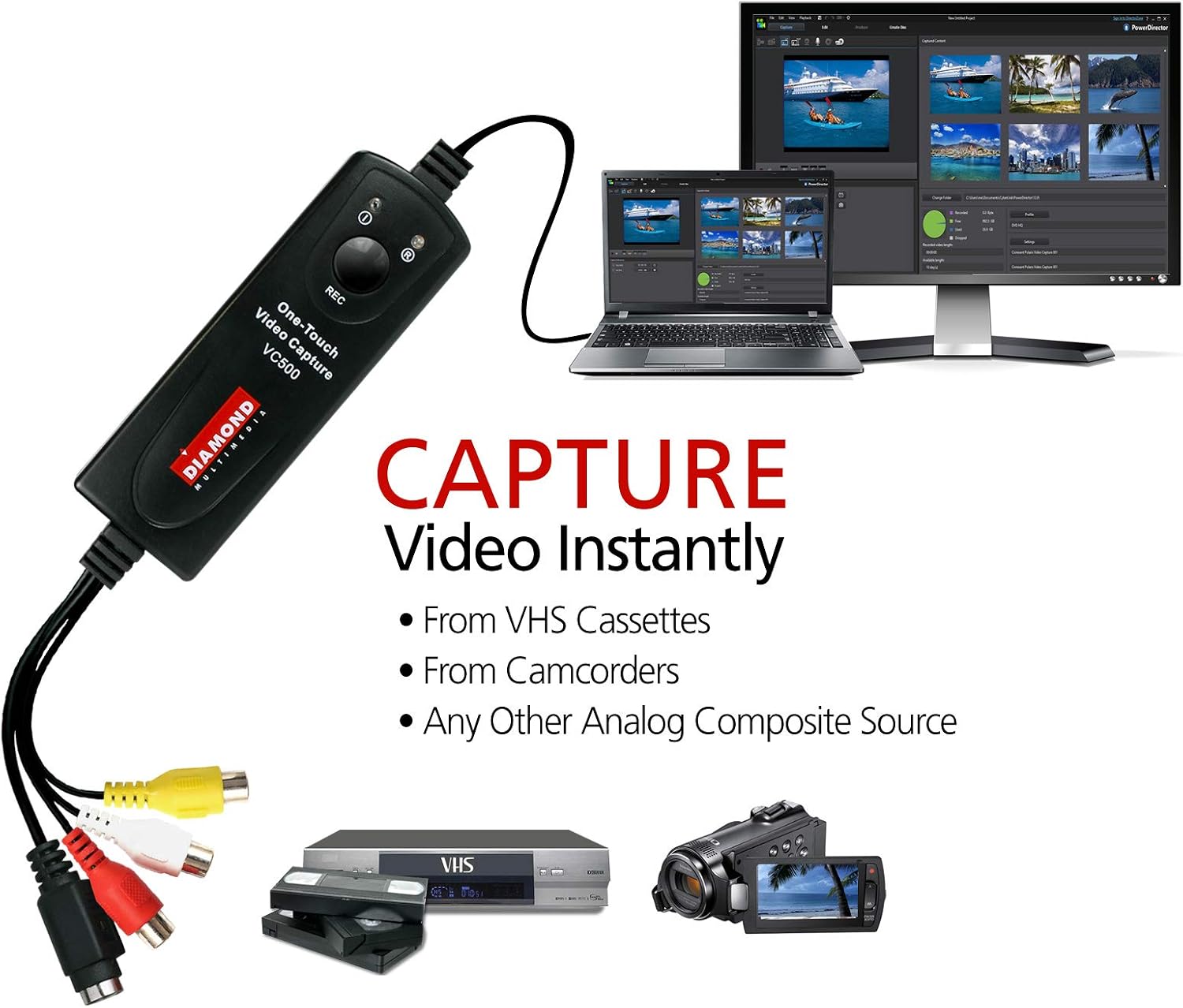 Diamond Multimedia VC500 One Touch VHS to Digital Converter – Capture & Convert VHS to Digital Files or DVD, Easy-to-Use Software, Windows 11,10 & Mac Compatible