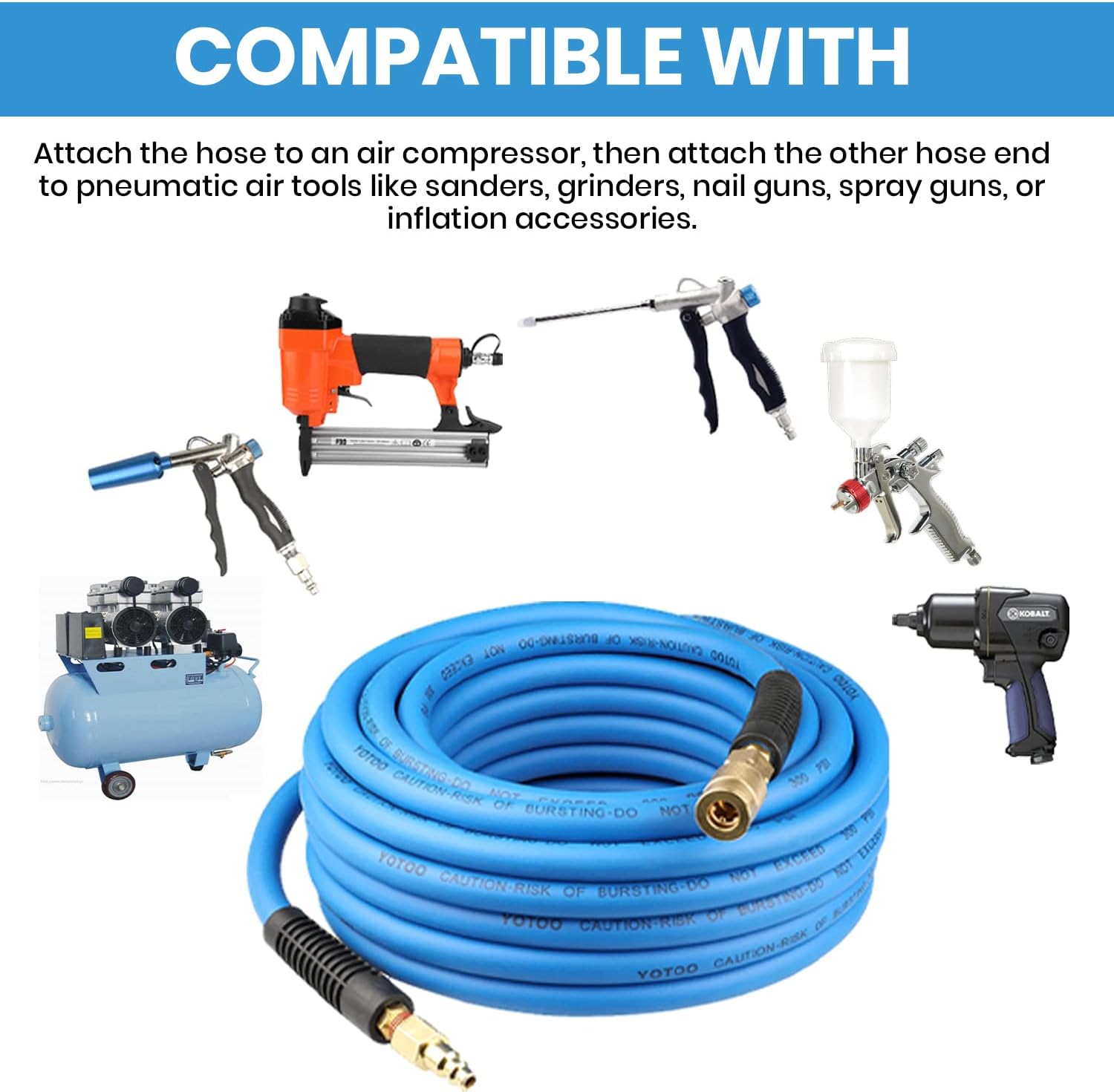 YOTOO Air Hose 3/8 in x 50 ft, Heavy Duty Hybrid Air Compressor Hose, Flexible, Lightweight, Kink Resistant with 1/4" Industrial Quick Coupler Fittings, Bend Restrictors, Blue