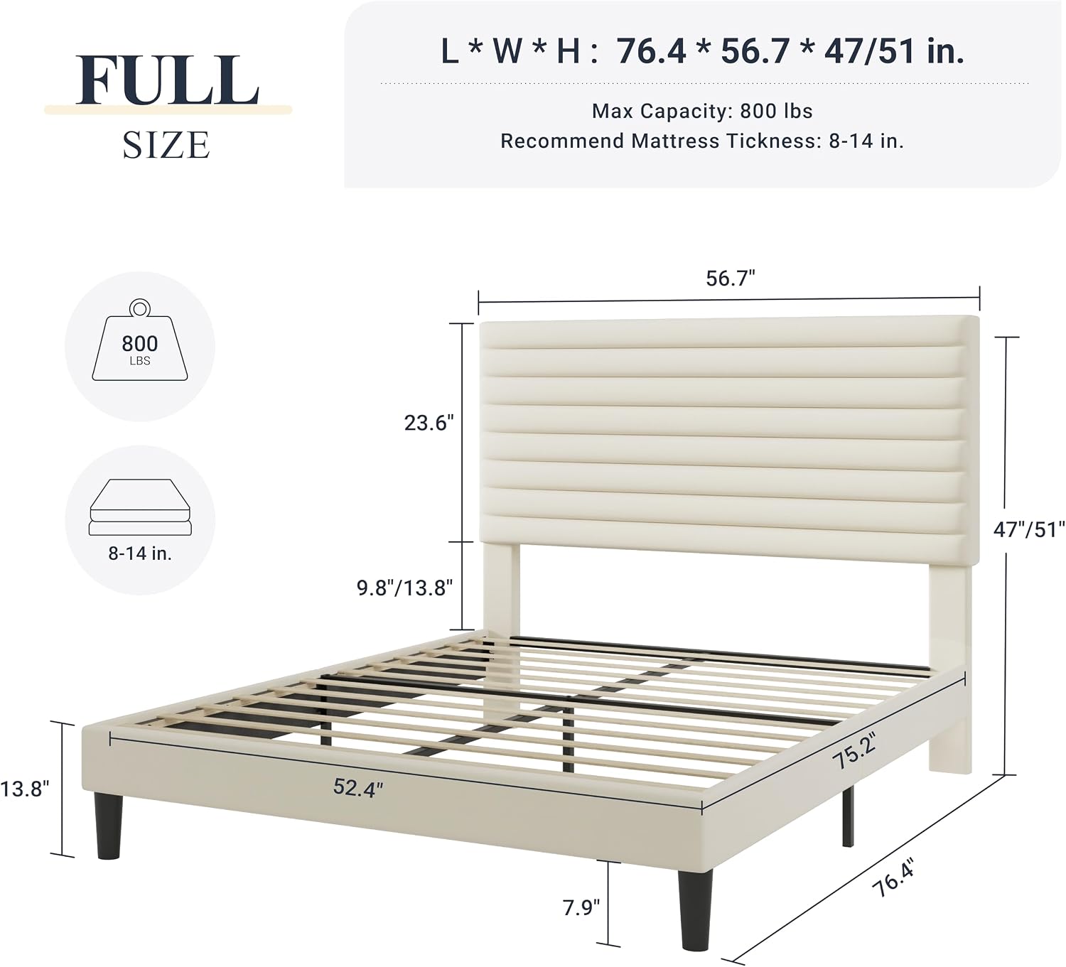 Allewie Queen Bed Frame, Velvet Upholstered Platform Bed with Adjustable Headboard, Horizontal Channel Design, Wood Slat Support, No Box Spring Needed, Noise Free, Easy Assembly, White