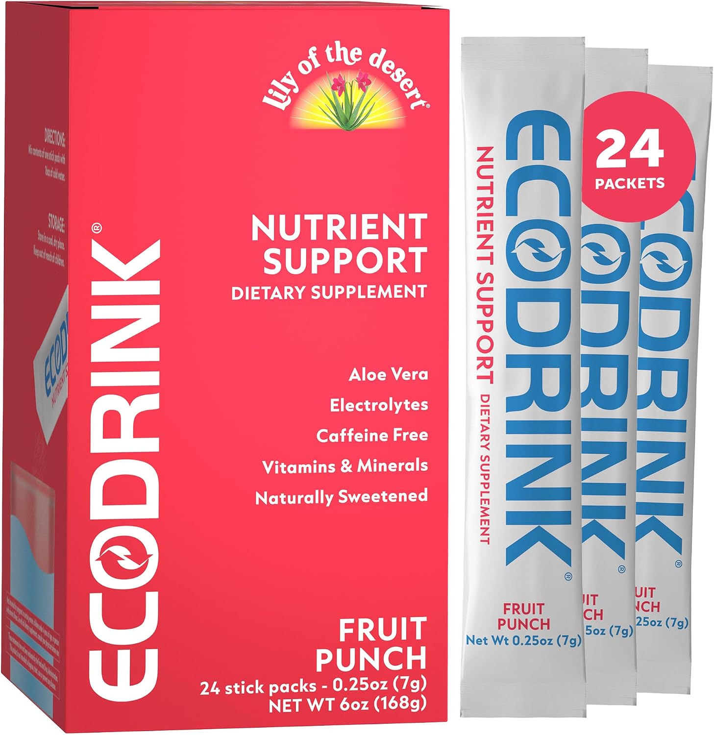 Lily of the Desert EcoDrink Nutrient Support Hydration Packets, Strawberry Lemonade – Naturally Sweetened Multivitamin Electrolyte Mix with Aloe, 24 Stick Packs/Box, 0.25 Oz Ea