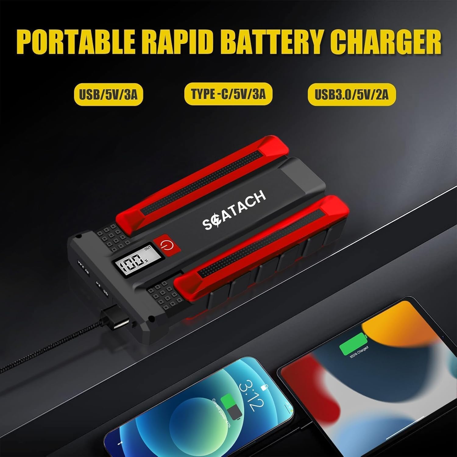 Scatach 4000A Car Battery Jump Starter, 12V Jump Starter Battery Pack (up to 10.0L Gasoline and 8.0L Diesel Engine), Portable Jump Box with Jumper Cable, LED Display, LED Light