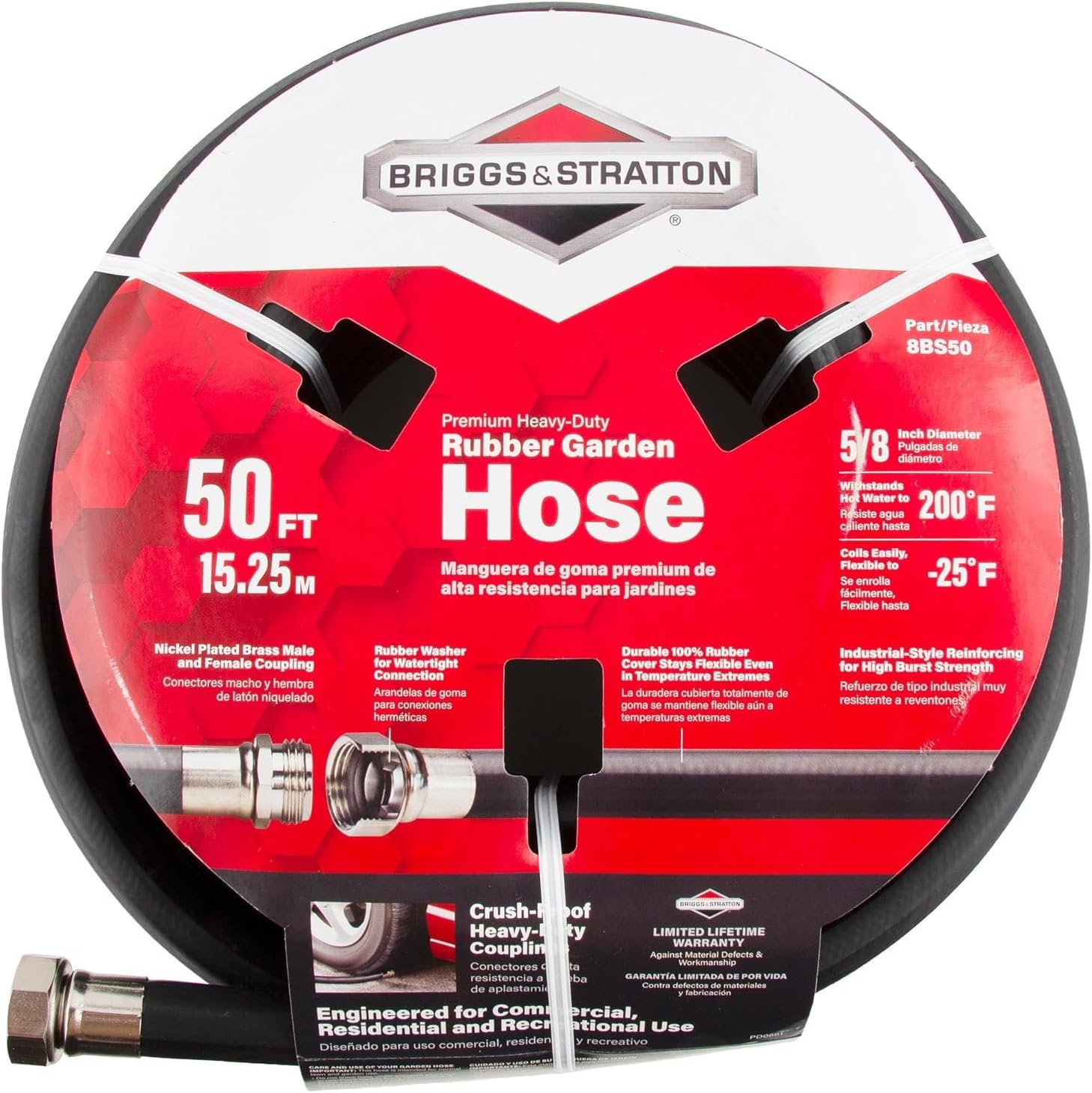 Briggs and Stratton 8BS75 75-Foot Premium Heavy-Duty Rubber Garden Hose, Brass
