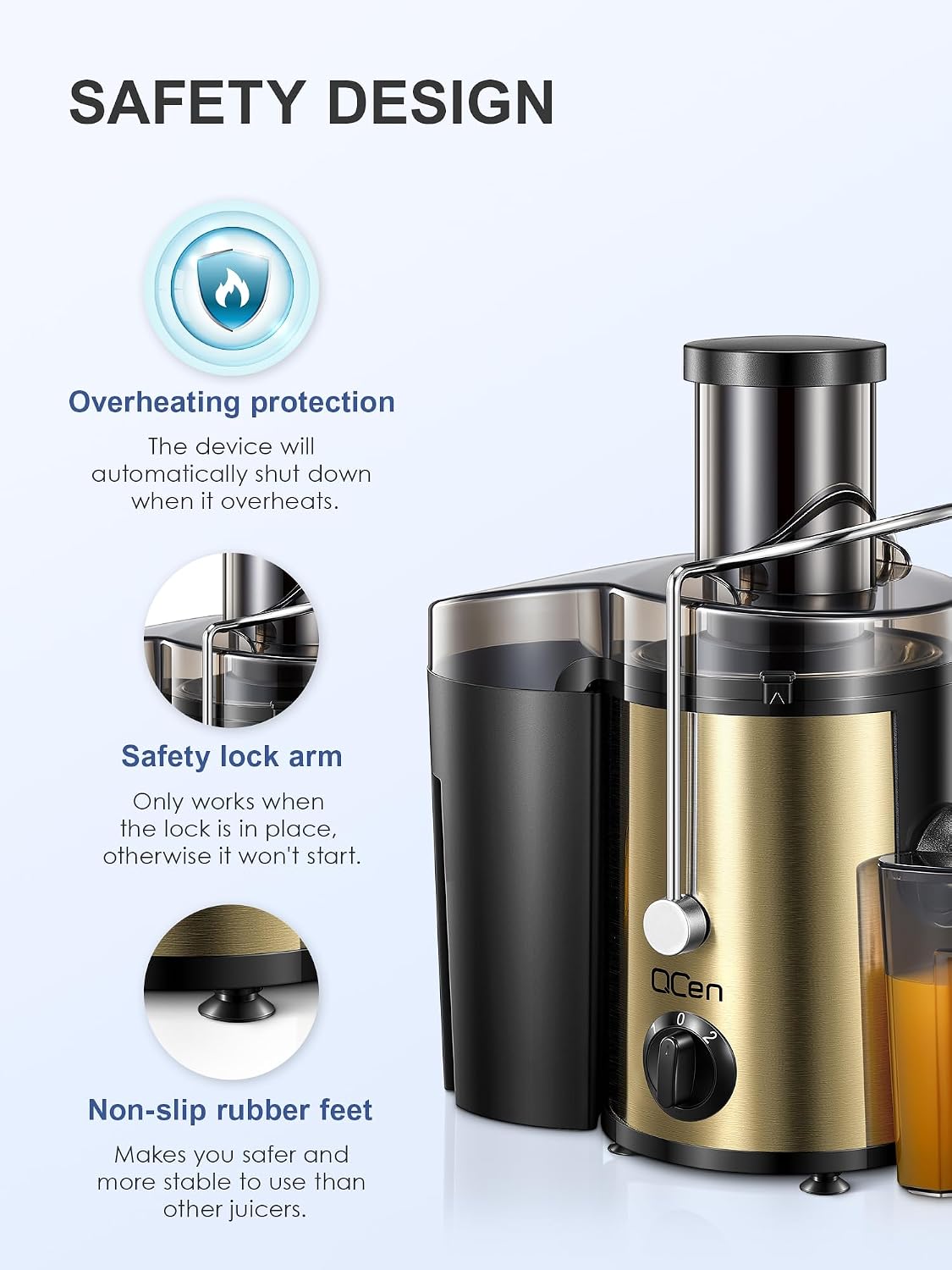QCen Juicer Machine 500W Centrifugal Juicer with Extra Wide Feed Chute