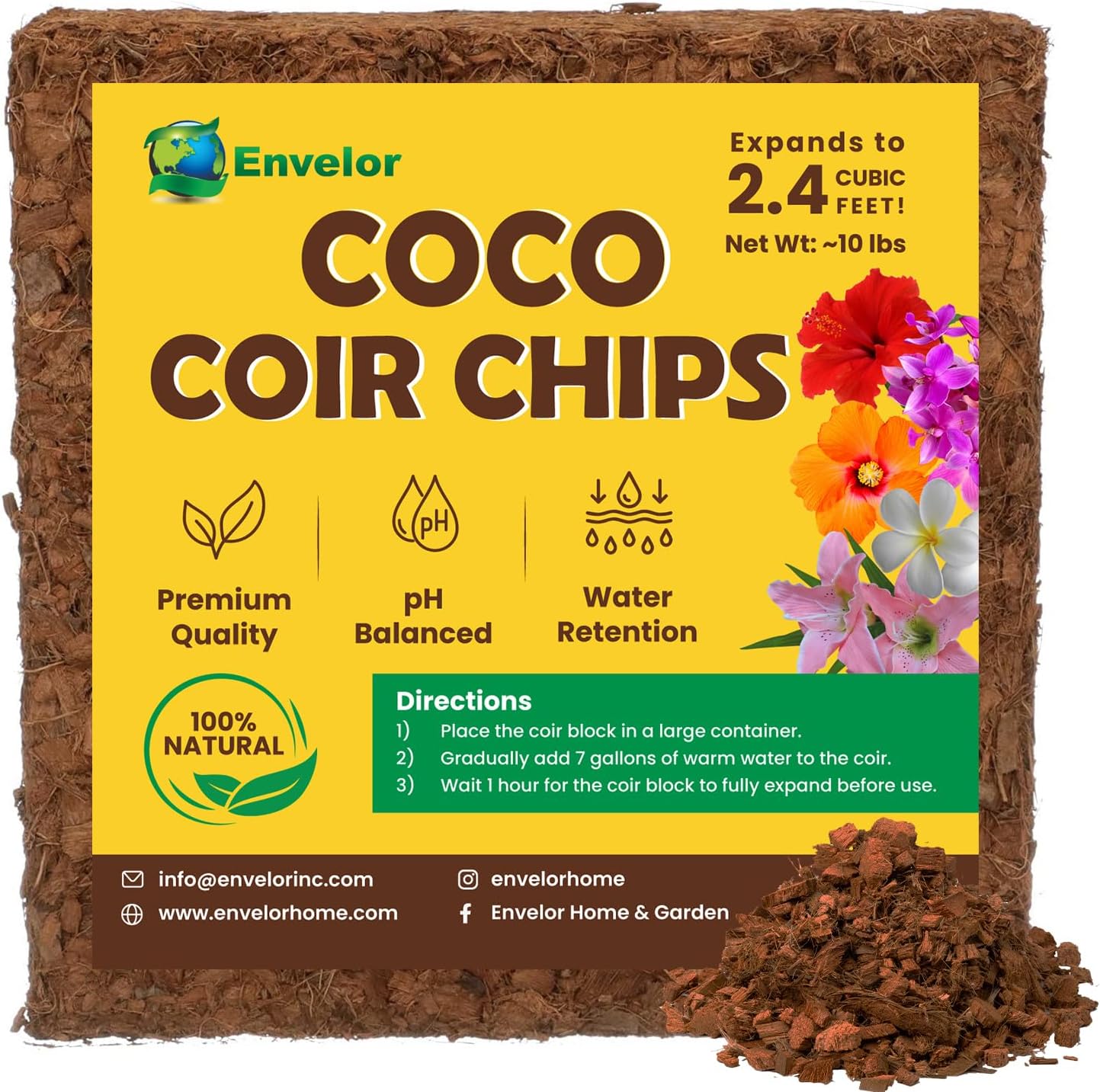 Envelor Organic Coco Coir Brick 10 Lbs. Coir Block Coconut Fiber Growing Medium Potting Soil Mix Coco Peat Media Coir Pith Indoor Outdoor Planters Vegetable Garden Beds