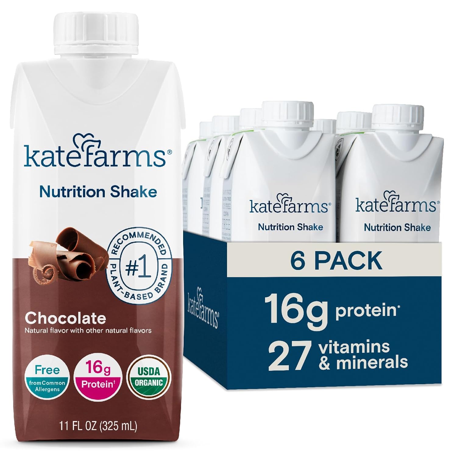 KATE FARMS Organic Nutrition Shake, Chocolate, 16g Protein, 12 Pack