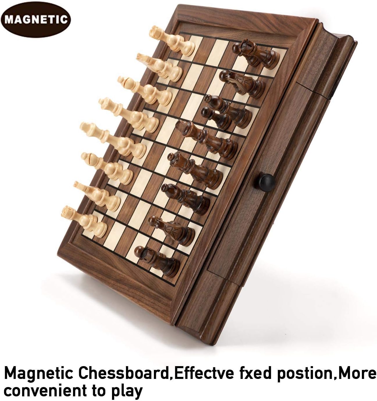 AMEROUS Magnetic Wooden Chess Set, 12.8" x 12.8" Walnut Chess Board Game with 2 Built-in Storage Drawers - 2 Bonus Extra Queens - Chess for Beginner