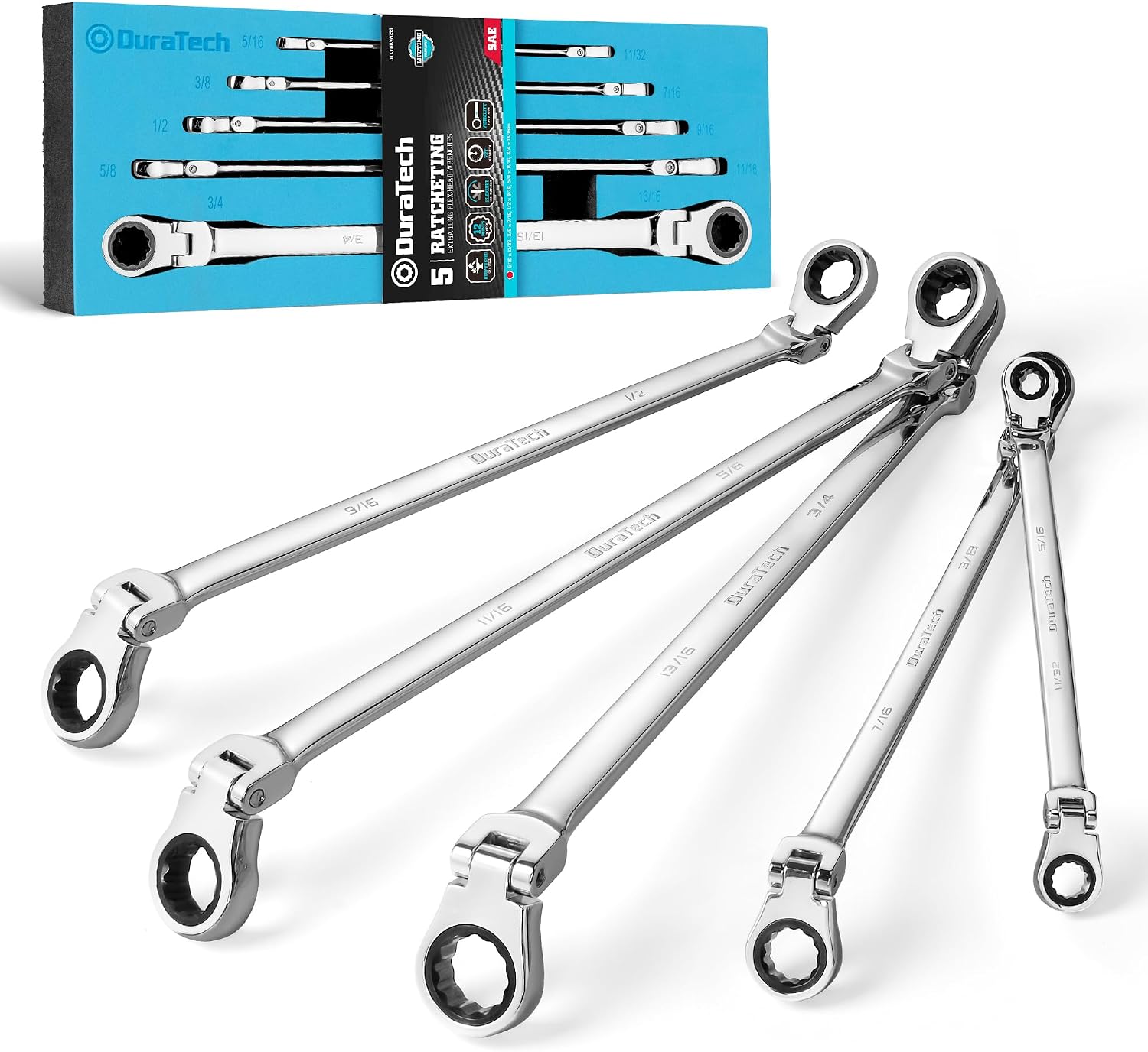 DURATECH Extra Long Flex-Head Ratcheting Wrench Set, 5-Piece, SAE